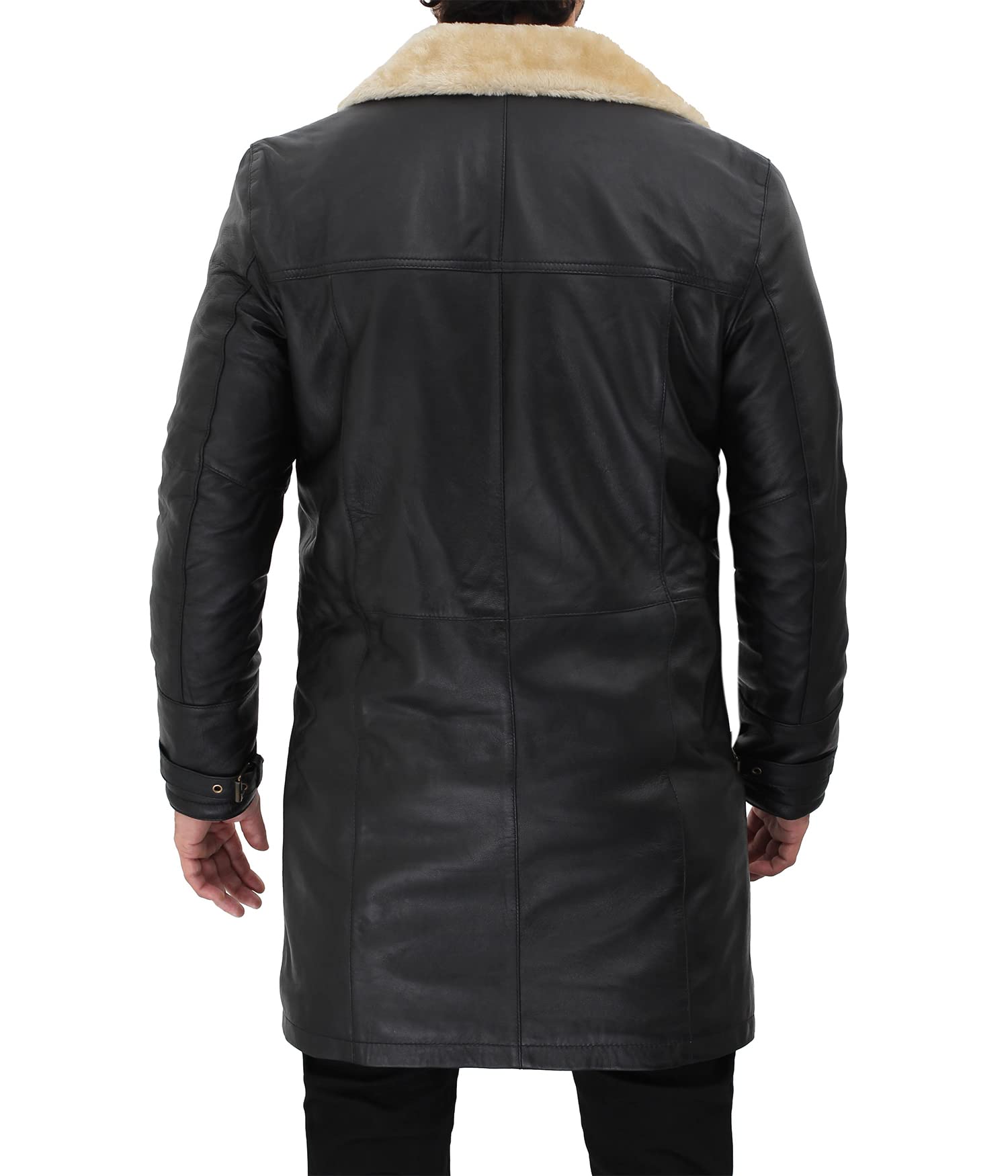 Blingsoul Men's Black Trench Coat - Winter Shearling Lined Long Leather Jacket for Men | Warm Winter Outerwear for Business & Casual Wear