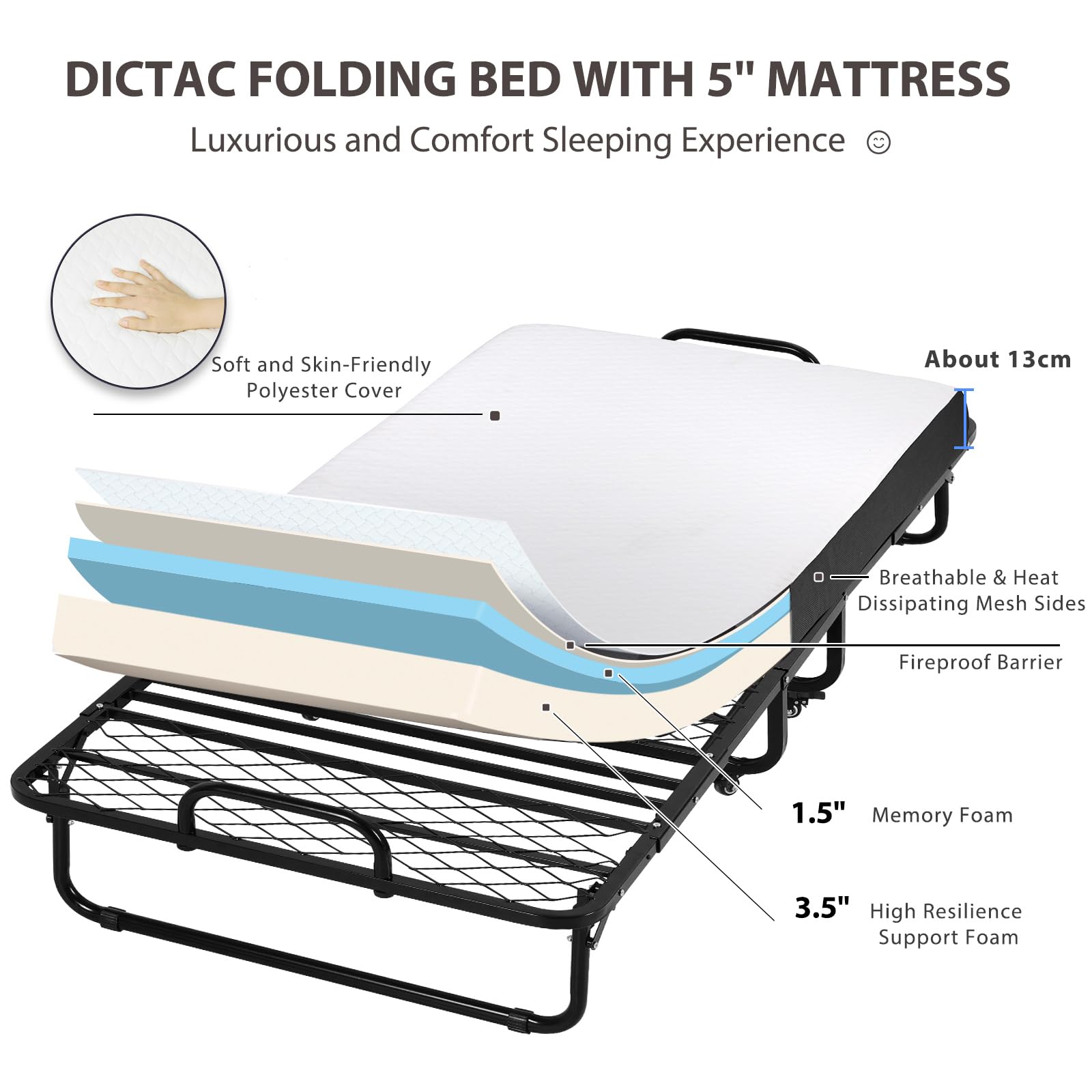 DICTAC Twin Size Folding Bed with 5