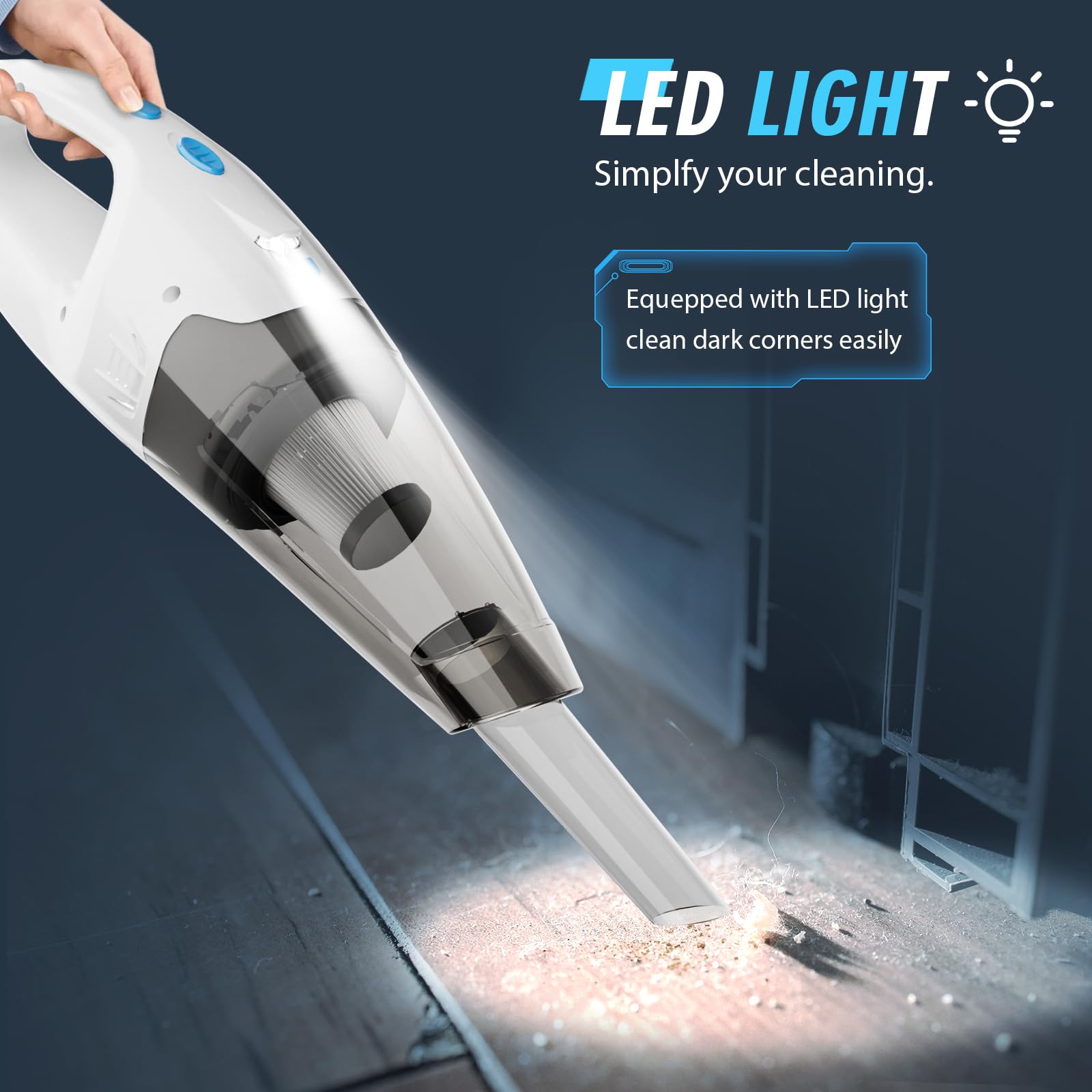 **Powerful Cordless Handheld Vacuum Cleaner - Rechargeable, Strong Suction, LED Light, 20 Min Runtime - Portable Car & Home Vacuum for Pet Hair, Dust, Crumbs - Ideal for Cars, Offices, and Quick Cleanups**