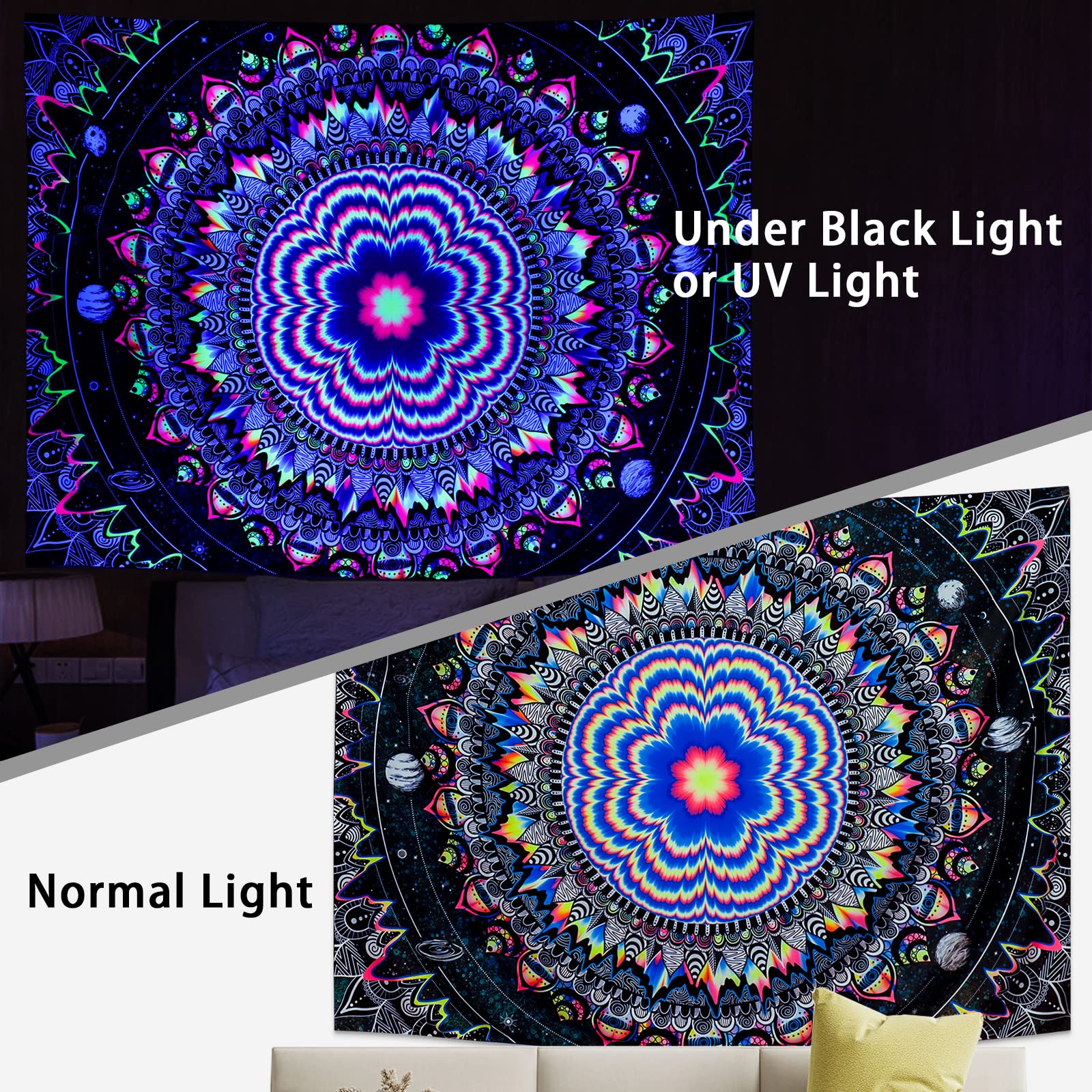 UV Reactive Trippy Mandala Tapestry - Blacklight Galaxy Stars Wall Hanging | Psychedelic Neon Hippie Decor for Bedroom, Living Room & Dorm | Glow in The Dark Party & Meditation Space Decor
