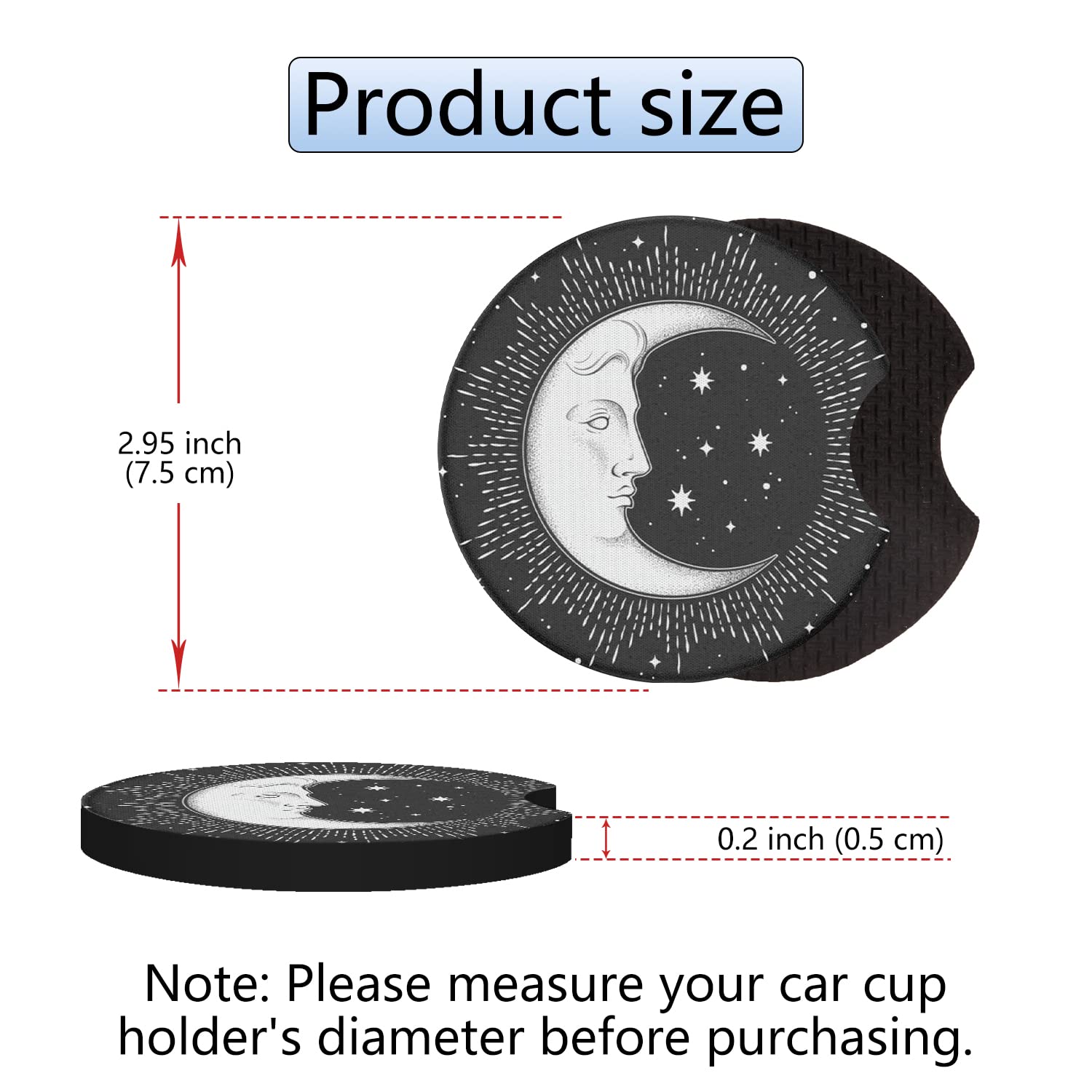 2 Pack Absorbent Car Cup Holder Coasters - Cute Moon Man Anime Cartoon Character Design, Rubber Non-Slip Automotive Accessories for Women & Men | Perfect Gift for Car Lovers, Office Use & Travel