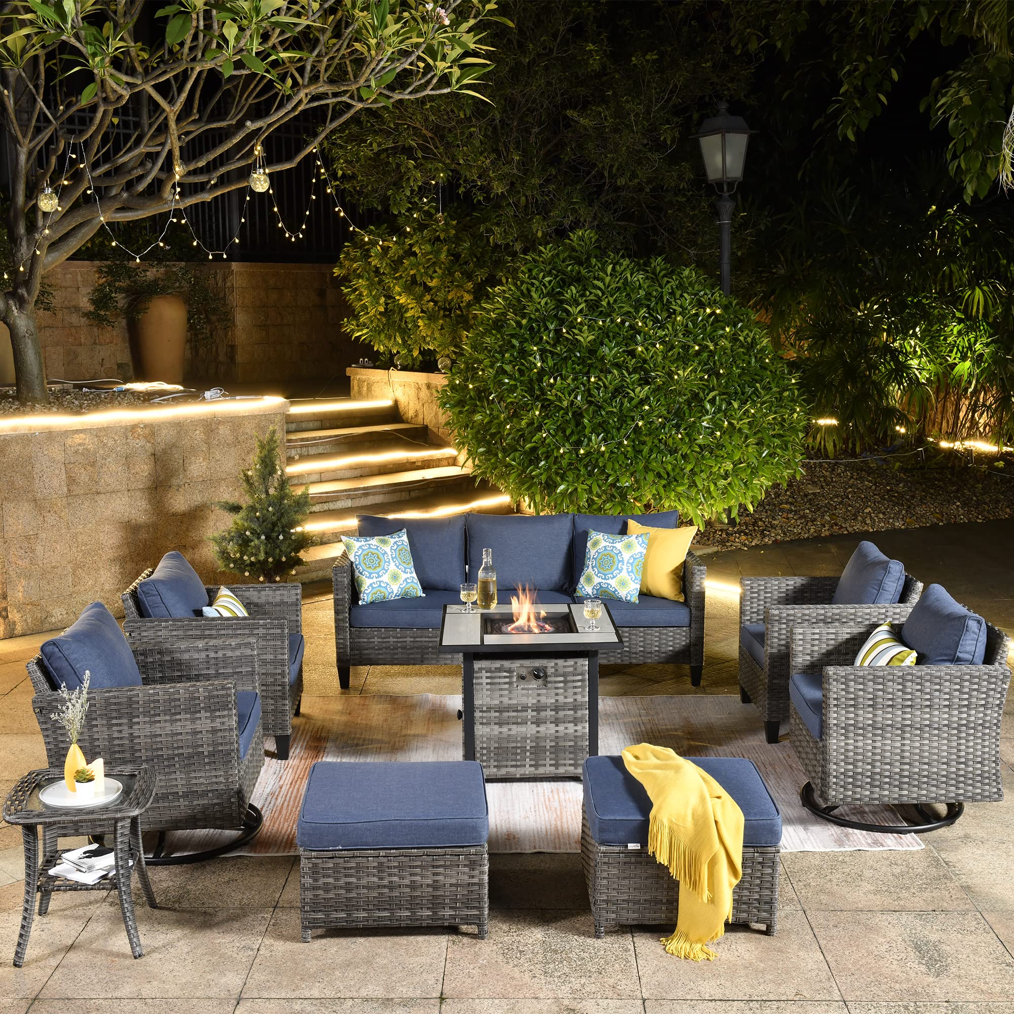 9-Piece Patio Furniture Set with Square Fire Pit Table & Swivel Rocking Chairs - High Back Wicker Rattan Outdoor Conversation Set for Deck, Porch, Garden - Denim Blue - Perfect for Backyard Relaxation & Entertaining Guests