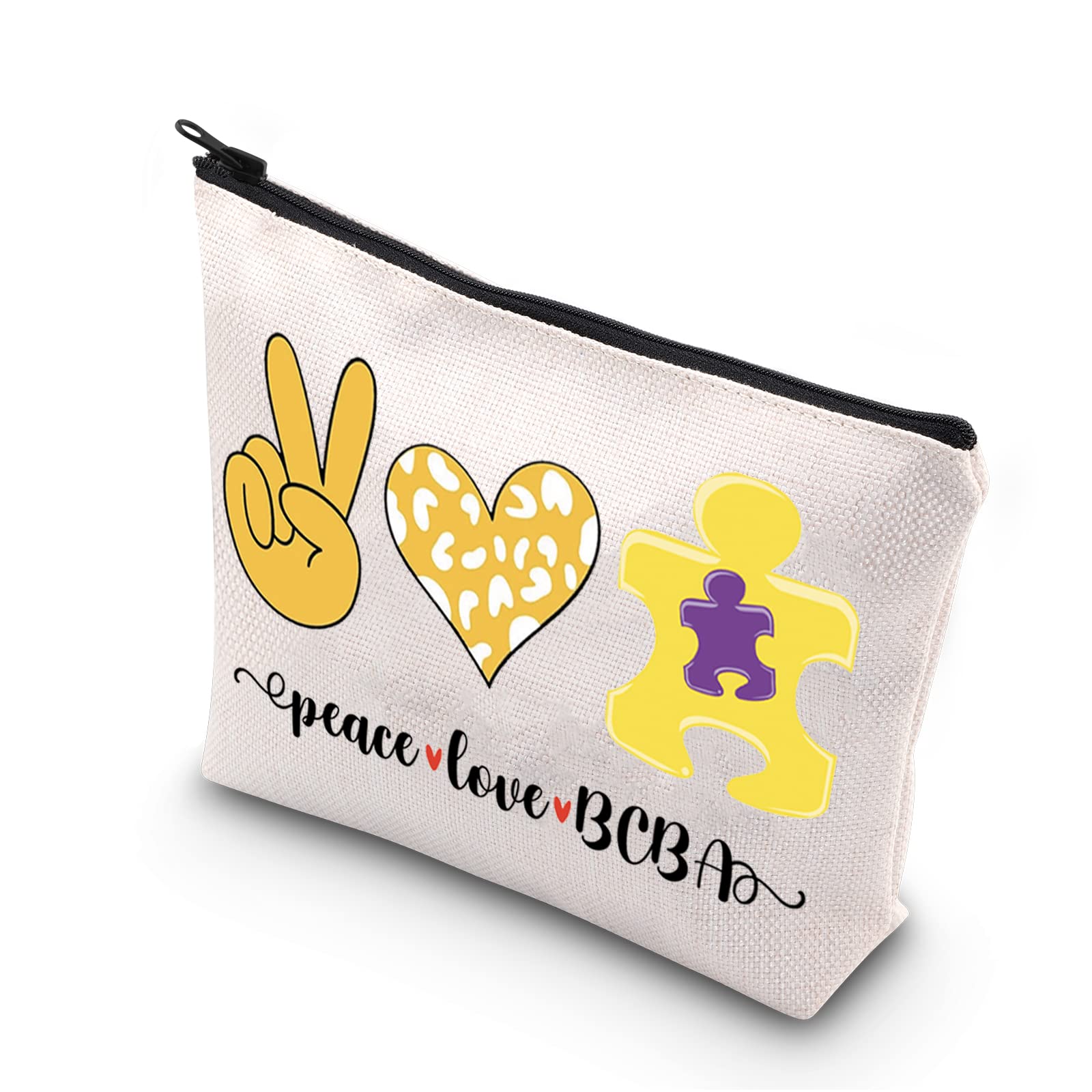 Behavior Therapist Gift - BCBA Zipper Pouch Makeup Bag for Behavior Analysts | Peace Love BCBA Design | Beige Cosmetic Organizer | Perfect for ABA Therapy Sessions & Daily Essentials