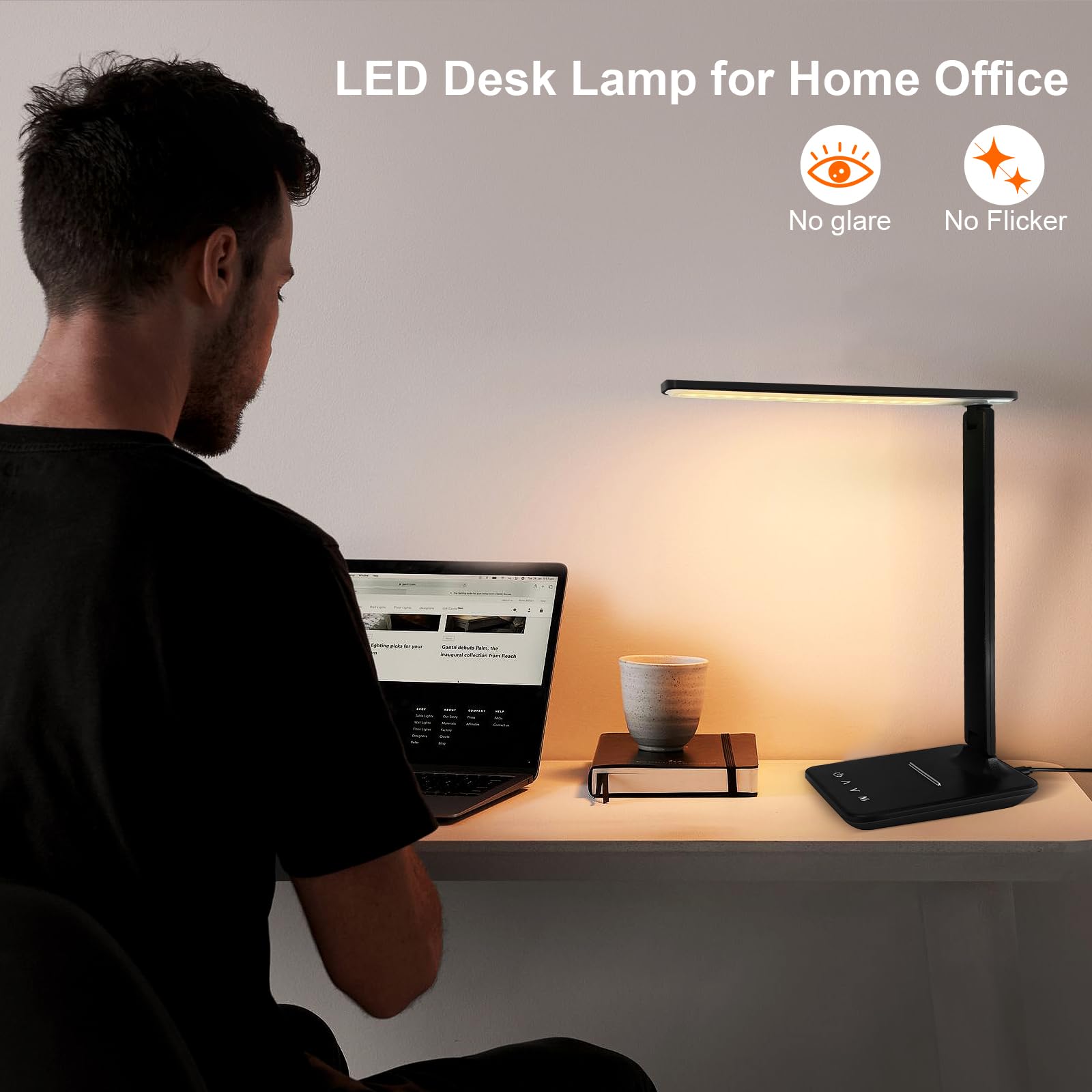 Karidi LED Desk Lamp - Dimmable Table Lamp with USB Charging Port, 5 Lighting Modes & Touch Control, Foldable Portable Reading Light for Home Office, Bedroom, Study - Perfect for Night Reading, Working & Charging Devices (Black)