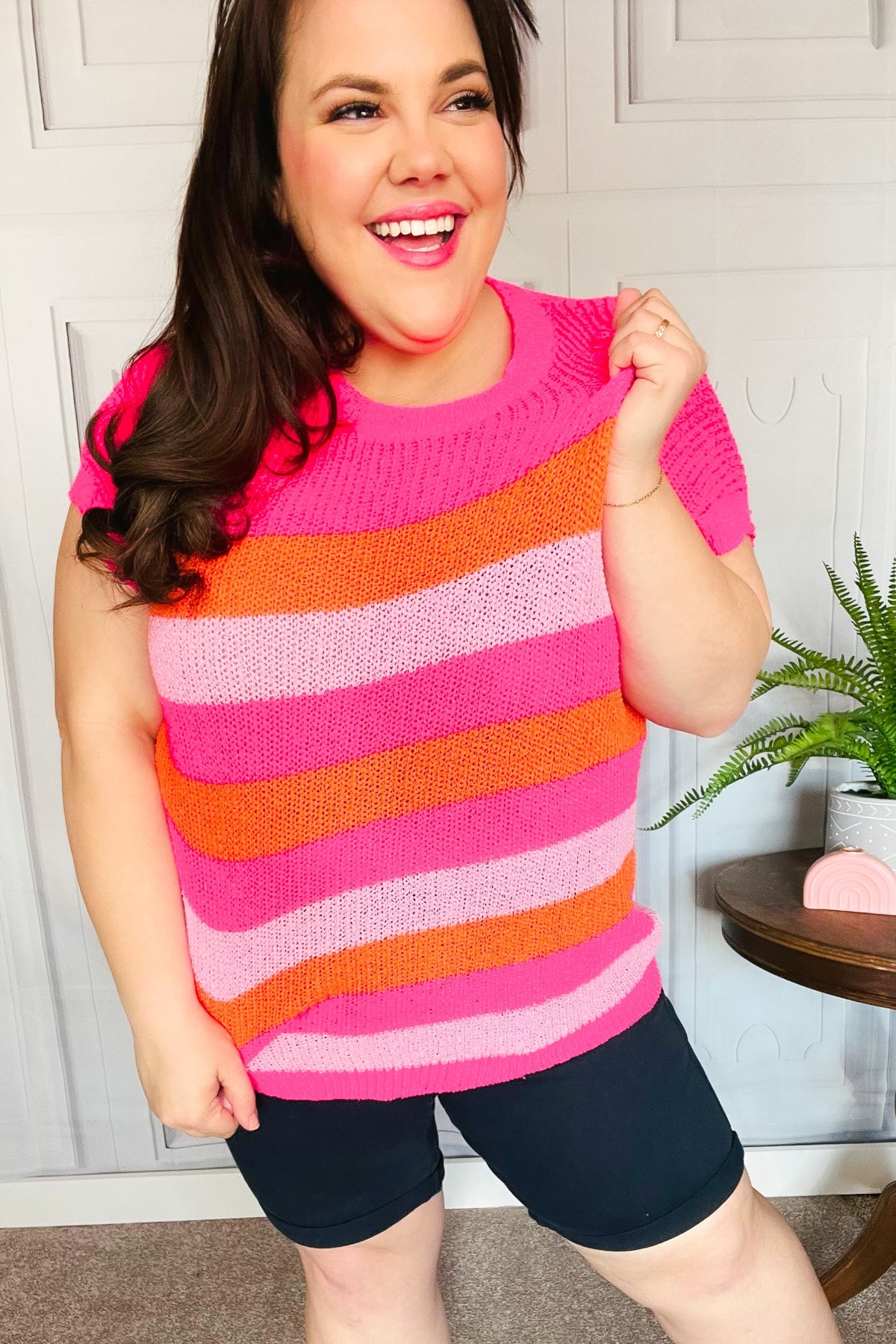 Haptics Fuchsia & Orange Stripe Short Sleeve Dolman Sweater for Women - Soft Casual Pullover Top for Everyday Wear, Date Night & Office Outfits