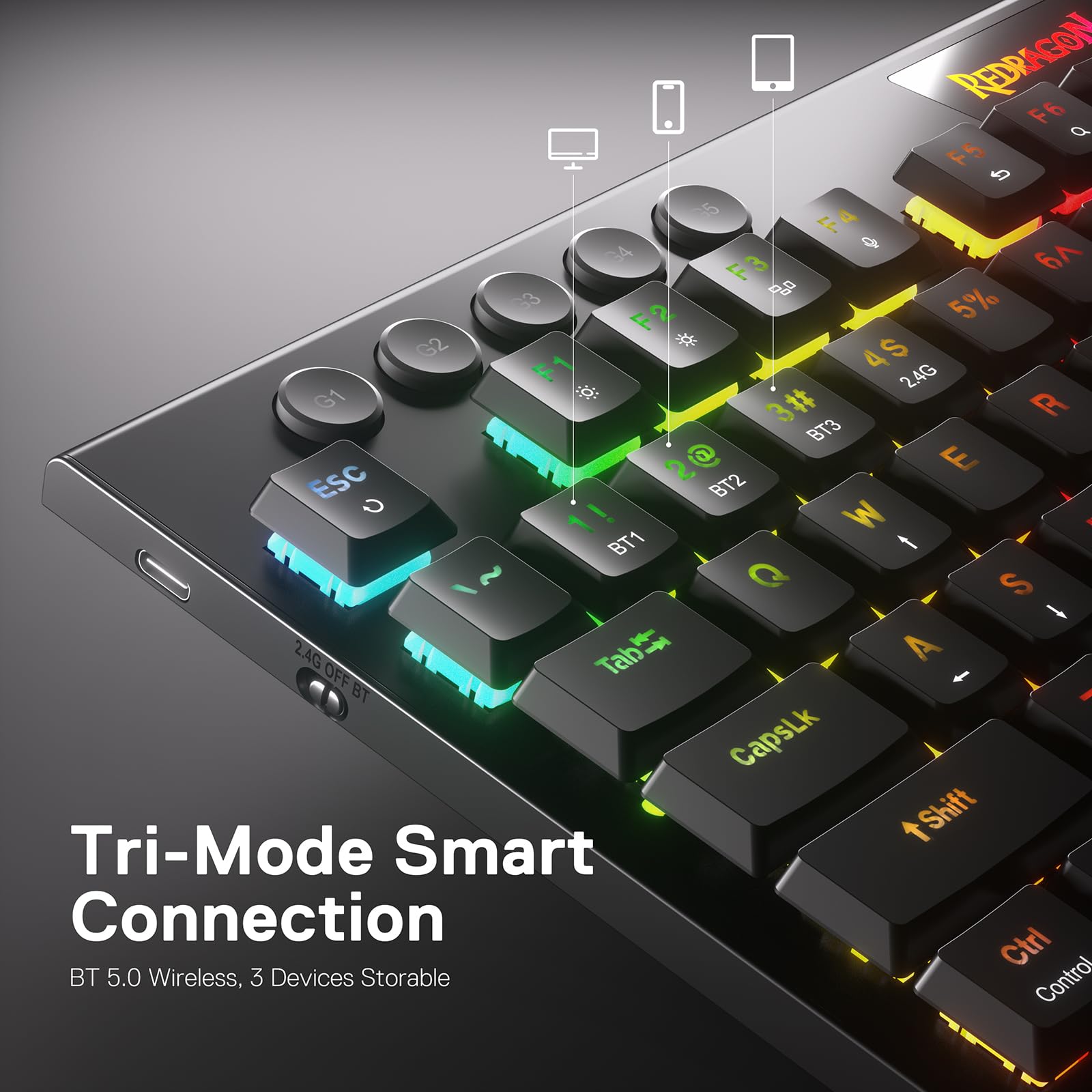 Redragon K618 Horus Wireless RGB Mechanical Gaming Keyboard - Bluetooth/2.4Ghz/USB-C Tri-Mode, Ultra-Thin Low Profile Design, Brown Switches, Dedicated Media Controls | Perfect for PC Gaming, Office Work & Typing