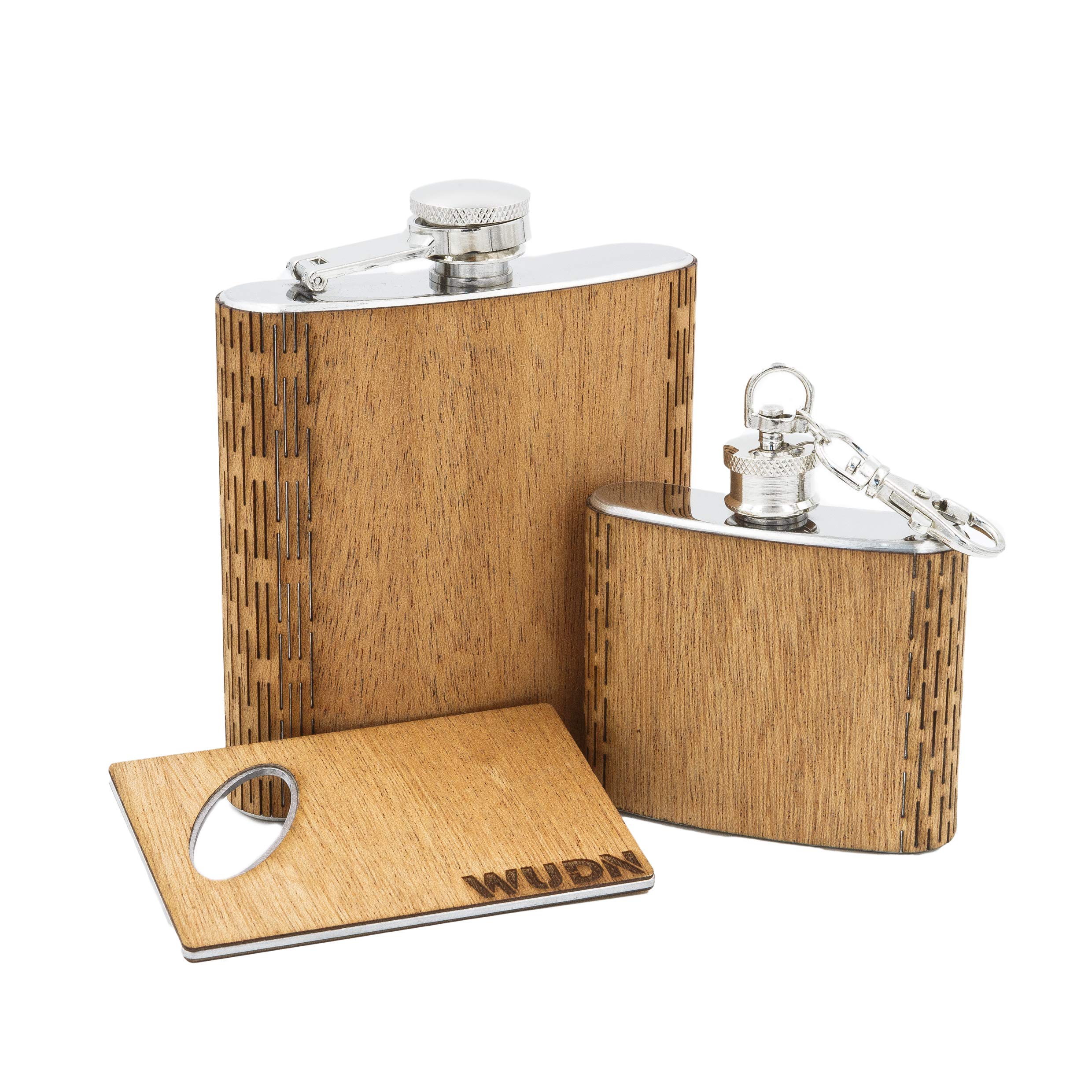 3-Piece Wooden Bar Set - 6 oz Hip Flask, 2 oz Keychain Flask & Credit Card Bottle Opener in Mahogany | Premium Drinking Accessories for Gifts, Parties, Camping & Outdoor Adventures