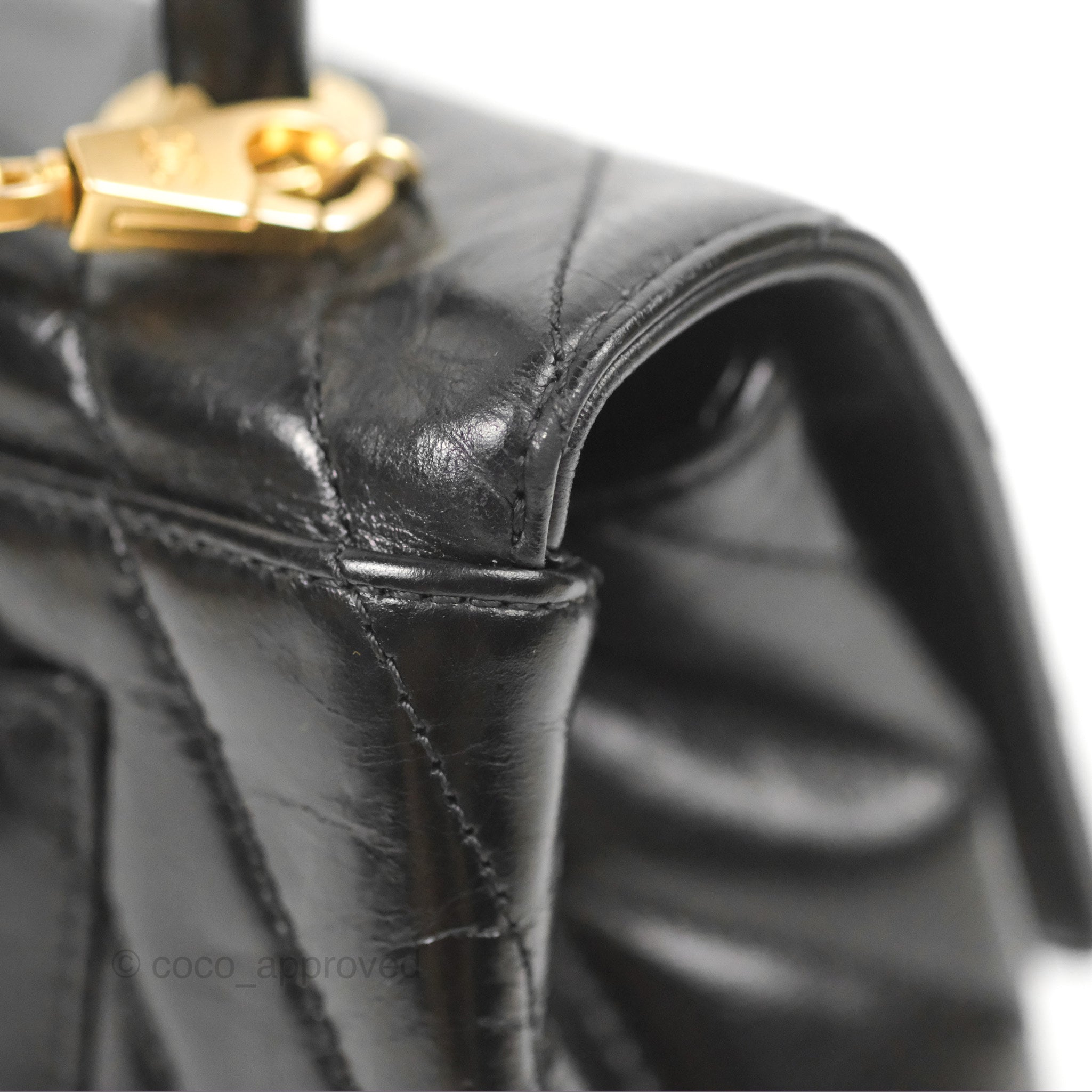 Chanel Chevron Small Coco Handle Bag - Black Shiny Aged Calfskin with Aged Gold Hardware | Luxury Crossbody Purse for Women, Perfect for Evening Parties & Date Nights