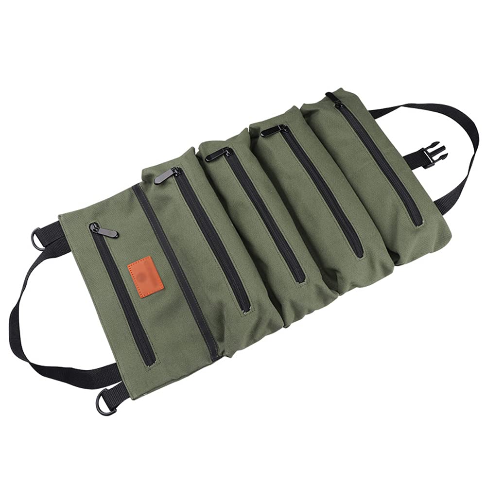 Maizoon Tool Roll Up Bag - Durable Canvas Organizer with 5 Zipper Pockets for Tools, Accessories & Car Essentials | Portable Back Seat & Hanging Storage Solution | Perfect for Mechanics, DIYers & Road Trips (UH05 Green)