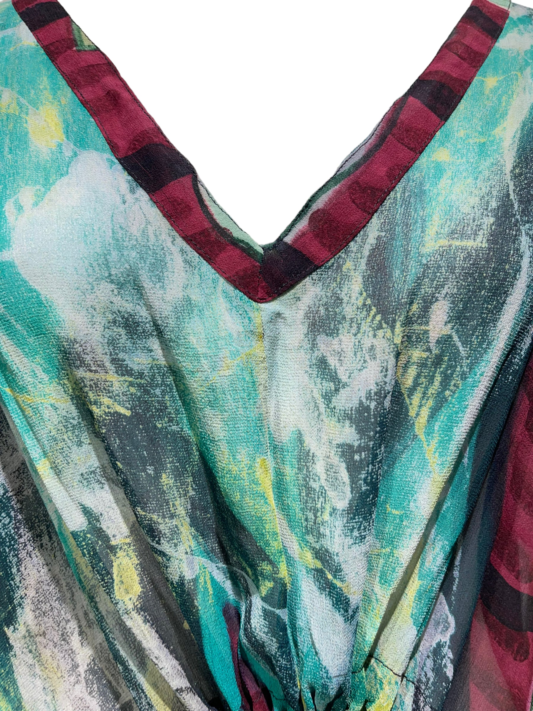 PRG4429 Sheer Avatar Pure Silk Maxi Kaftan Dress - Elegant Long Sleeve Flowy Beach Cover Up for Women - Perfect for Resort Wear, Vacation, and Summer Evenings