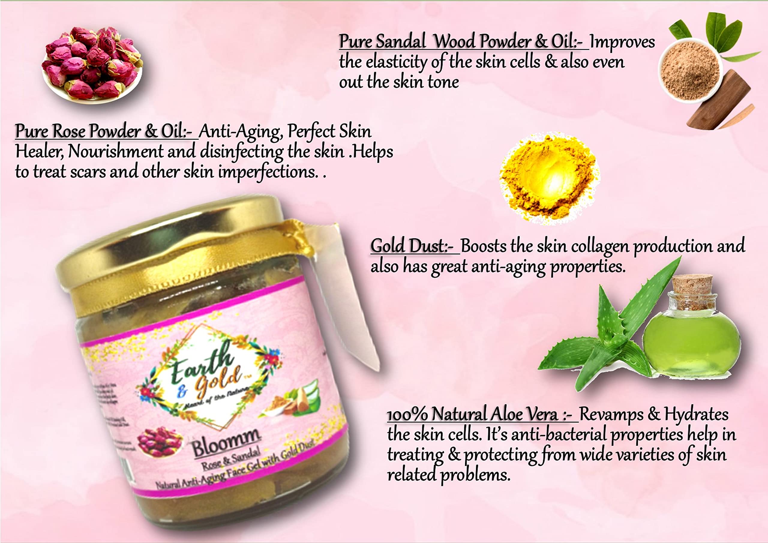 Earth & Gold Bloomm 100% Natural Anti-Aging Face Gel with Vitamin-E & Jojoba Oil - Enriched with Rose Petal, Sandalwood Powder & Gold Dust (150ml) | Hydrating & Brightening for Day & Night Use | Perfect for Dry, Sensitive & Mature Skin