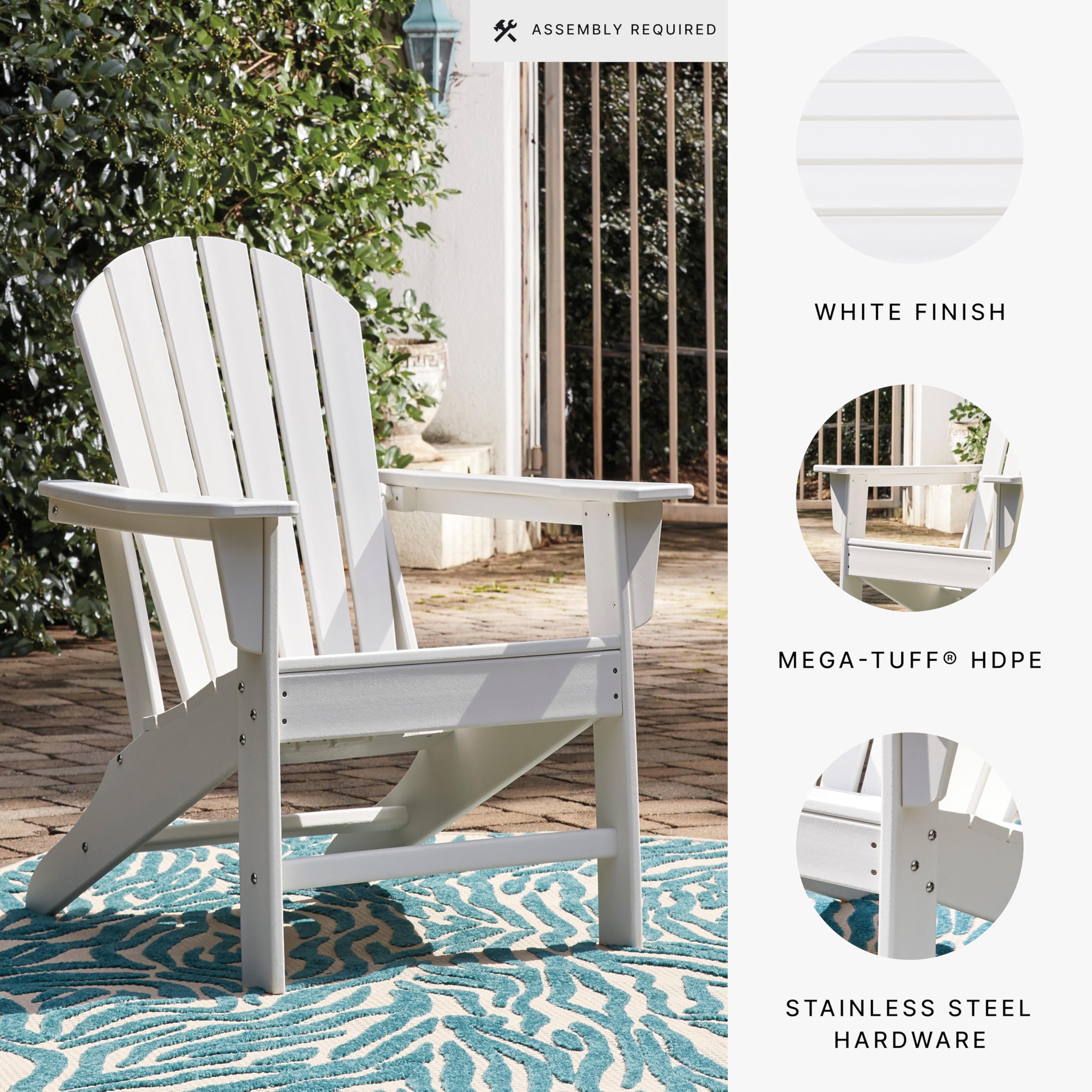 Signature Design by Ashley Sundown Treasure Outdoor Patio HDPE Weather Resistant Adirondack Chair in White - Perfect for Backyard, Garden, Poolside & Beach Relaxation