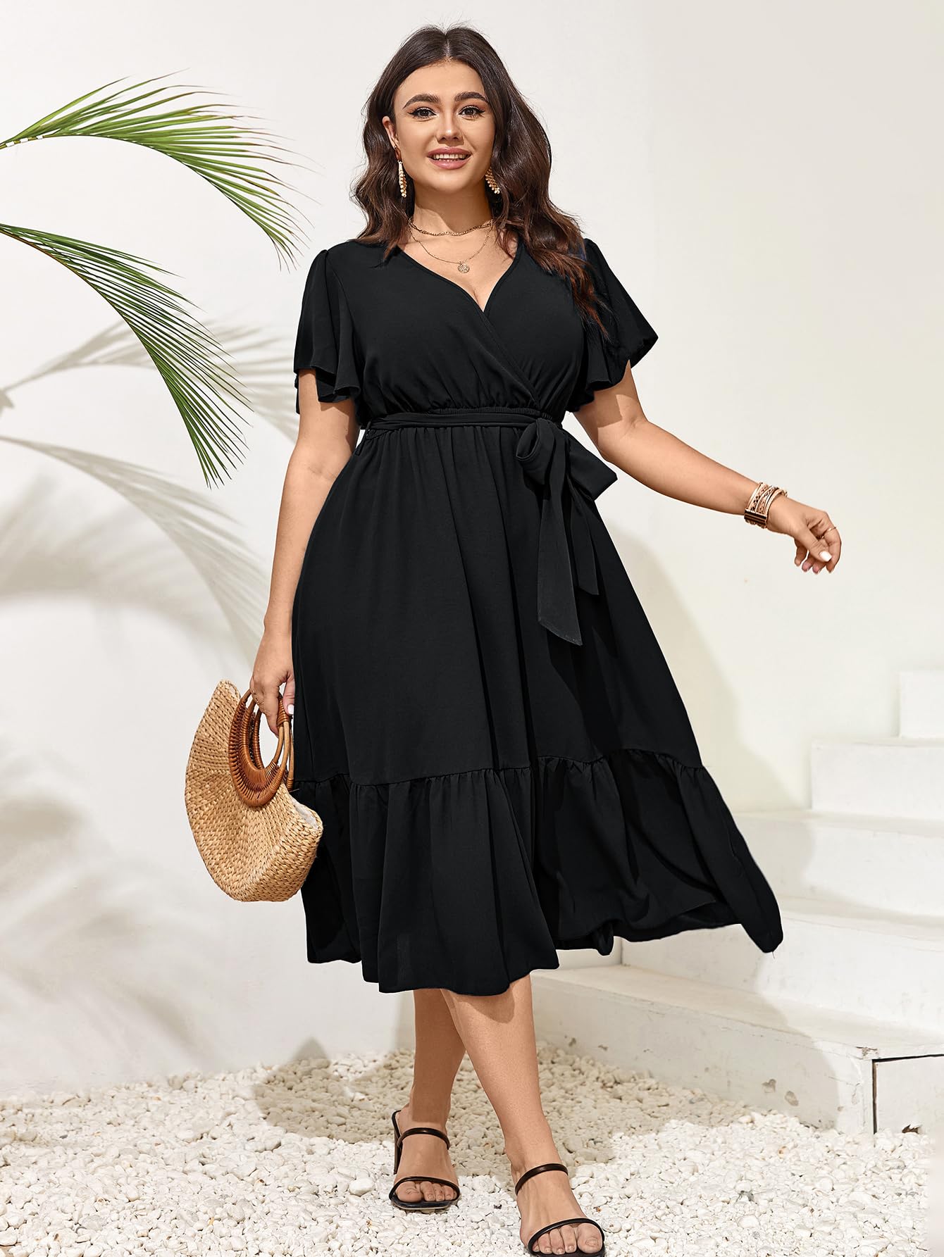 Elegant SCOMCHIC Plus Size Wedding Guest Dress - Summer Wrap V-Neck Short Sleeve with Belt & Ruffle Hem A-Line Flowy Maxi Dress for Women | Perfect for Weddings, Parties & Special Occasions