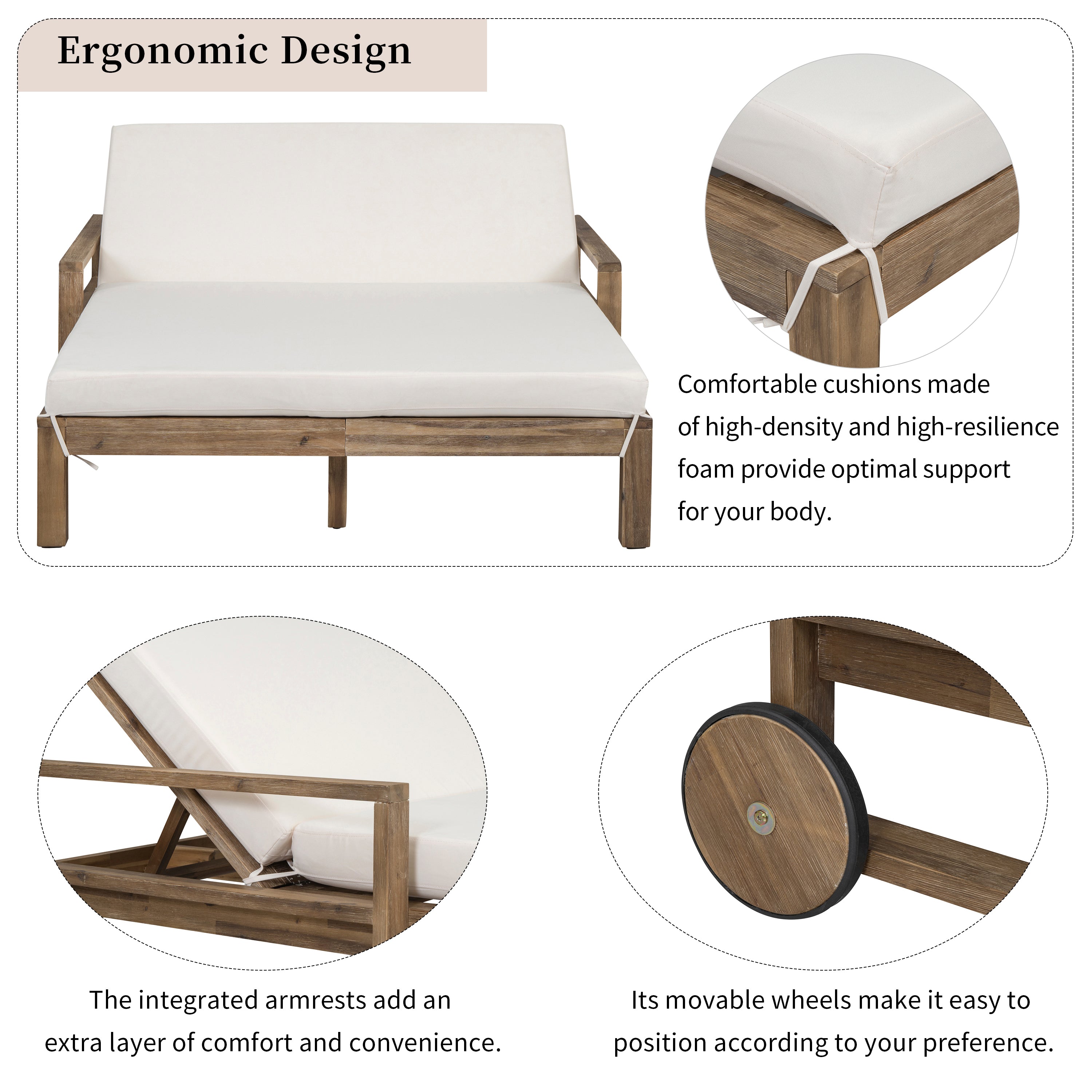 Farmhouse Style Wooden Outdoor Sunbed - 2 Person Daybed for Poolside, Garden & Backyard - Beige Patio Lounge Chair for Relaxing in Sun or Shade