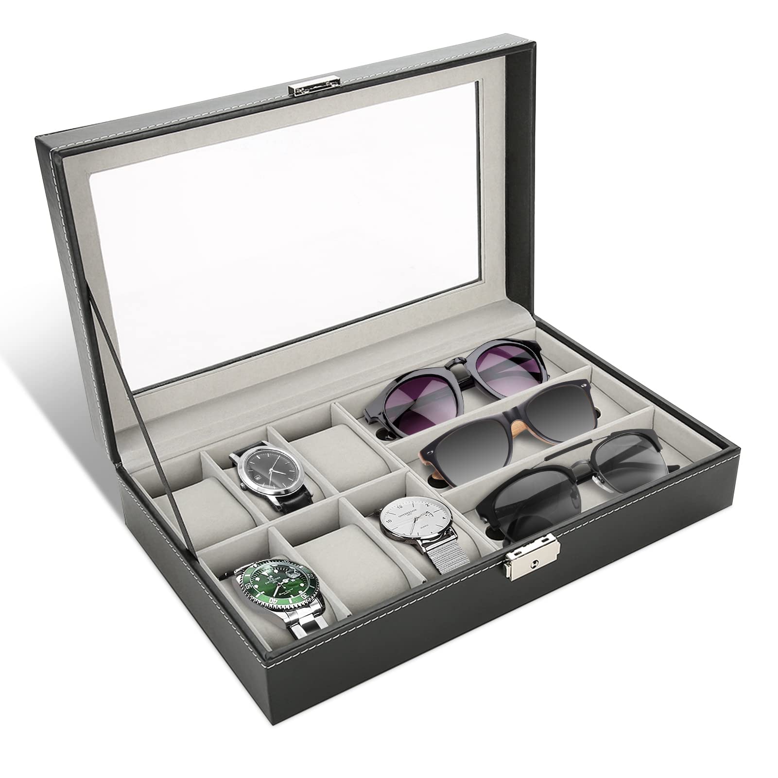 Premium PU Leather Glasses & Watch Organizer Box with Clear Lid - 3 Grids for Eyewear & 6 Slots for Watches - Jewelry Storage Display Case for Men & Women (12.99×7.87×3.14 Inch) - Perfect for Travel, Home & Office Organization