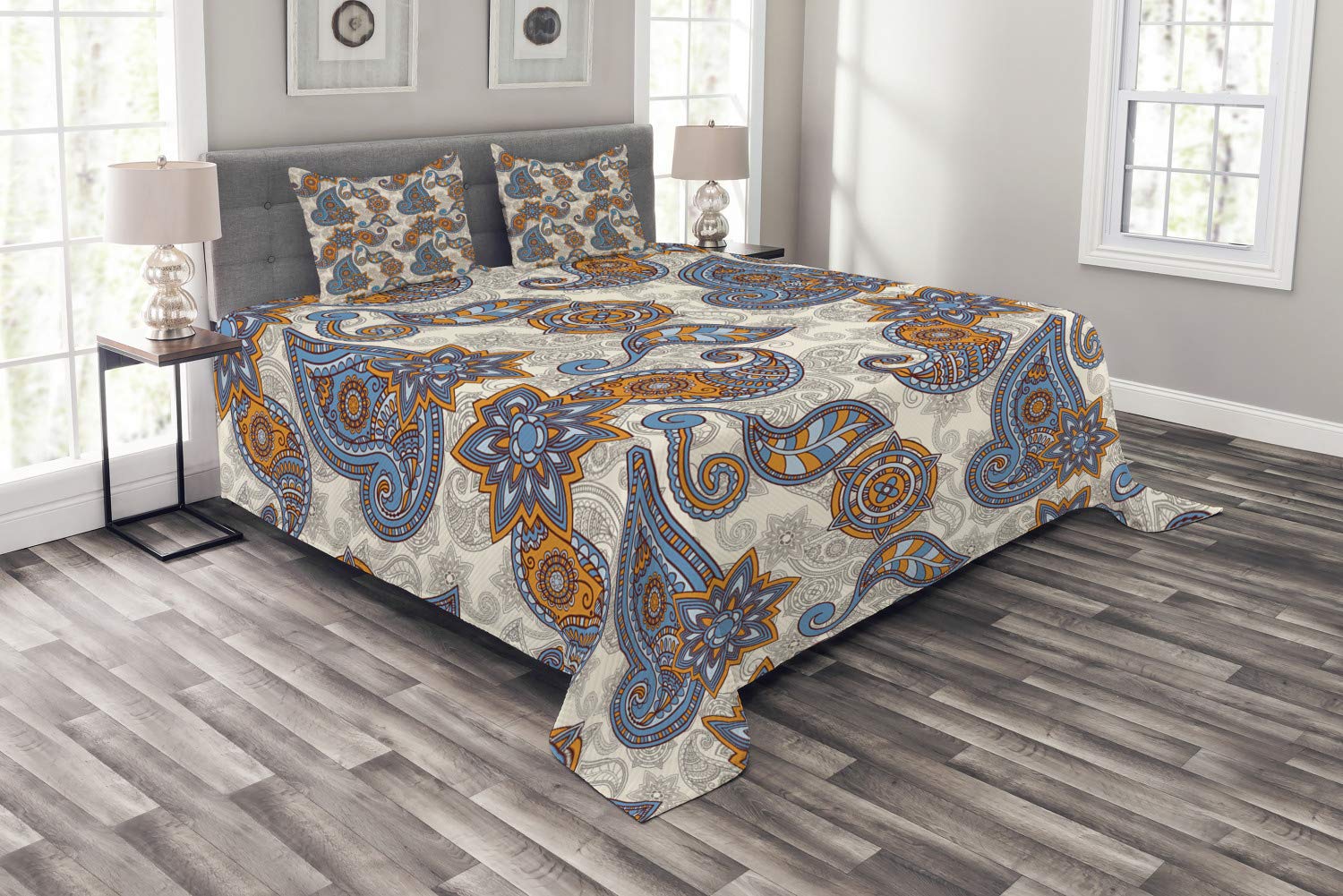 Ambesonne Vintage Paisley Floral Bedspread Set - 3 Piece King Size Bedding Coverlet with 2 Pillow Shams in Violet Blue Marigold | Abstract Bohemian Decor for Master Bedroom, Guest Room & Photo Backdrop