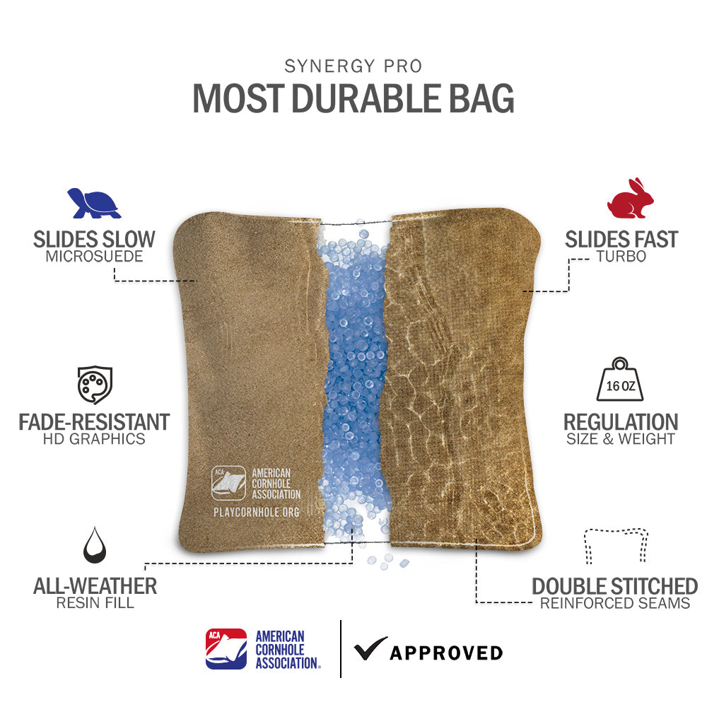 Premium Sandy Beach Synergy Pro Cornhole Bags Set of 8 - Regulation Weight & Size for Outdoor Lawn Games, Tailgating, Backyard Parties, and Beach Fun