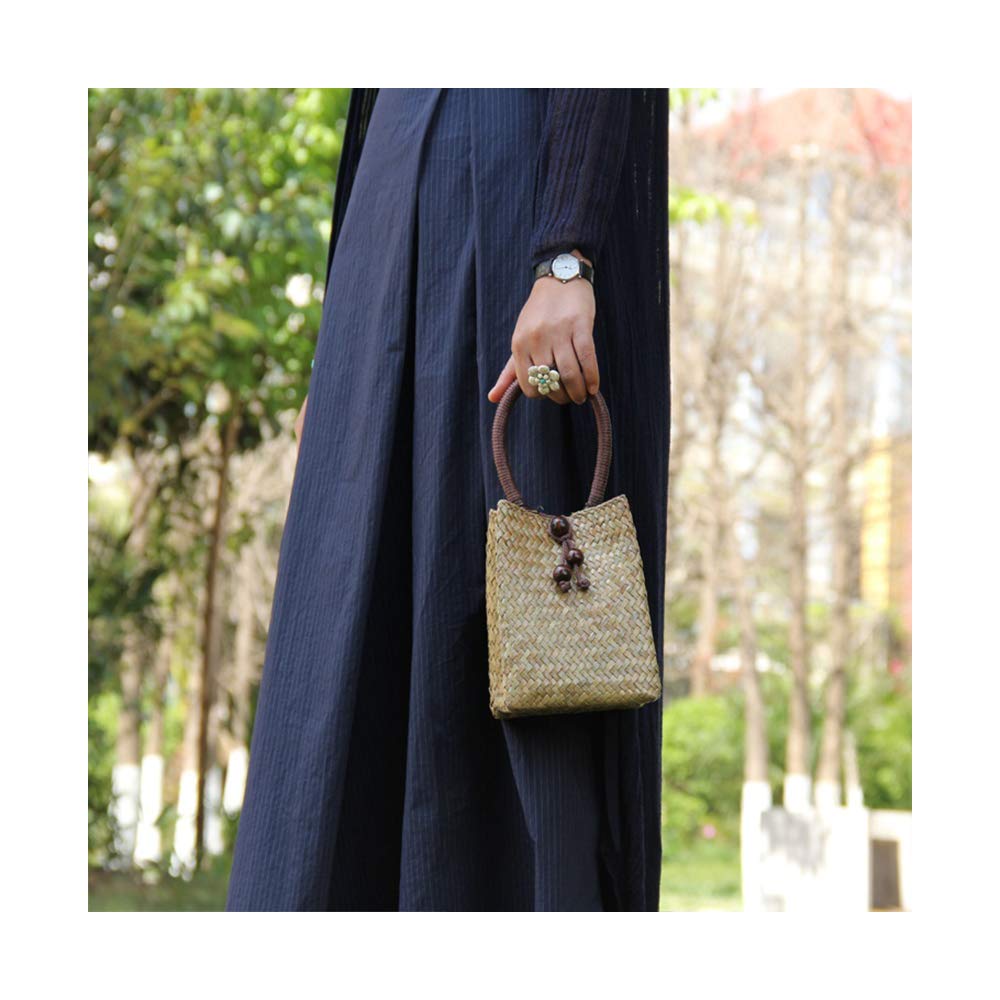 Mini Retro Straw Handbag - Boho Rattan Tote with Wood Bead Tassel for Beach & Travel
