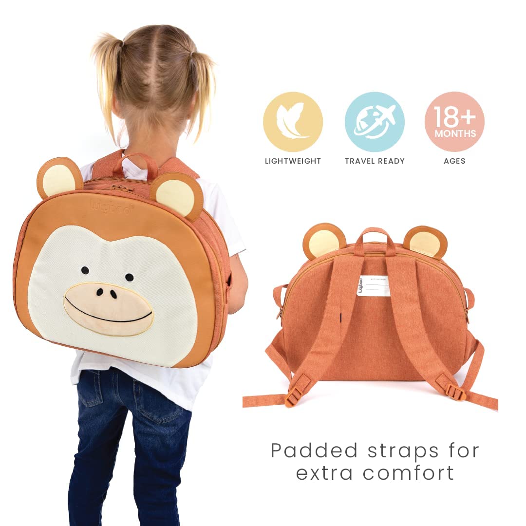 Lulyboo Toddler Travel Tray with Backpack - Portable Car Seat & Airplane Tray Table for Kids - Built-in Cup Holder, 8 Storage Pockets & Firm Writing Surface - Perfect for Road Trips, Flights & Homeschooling (Monkey Design)