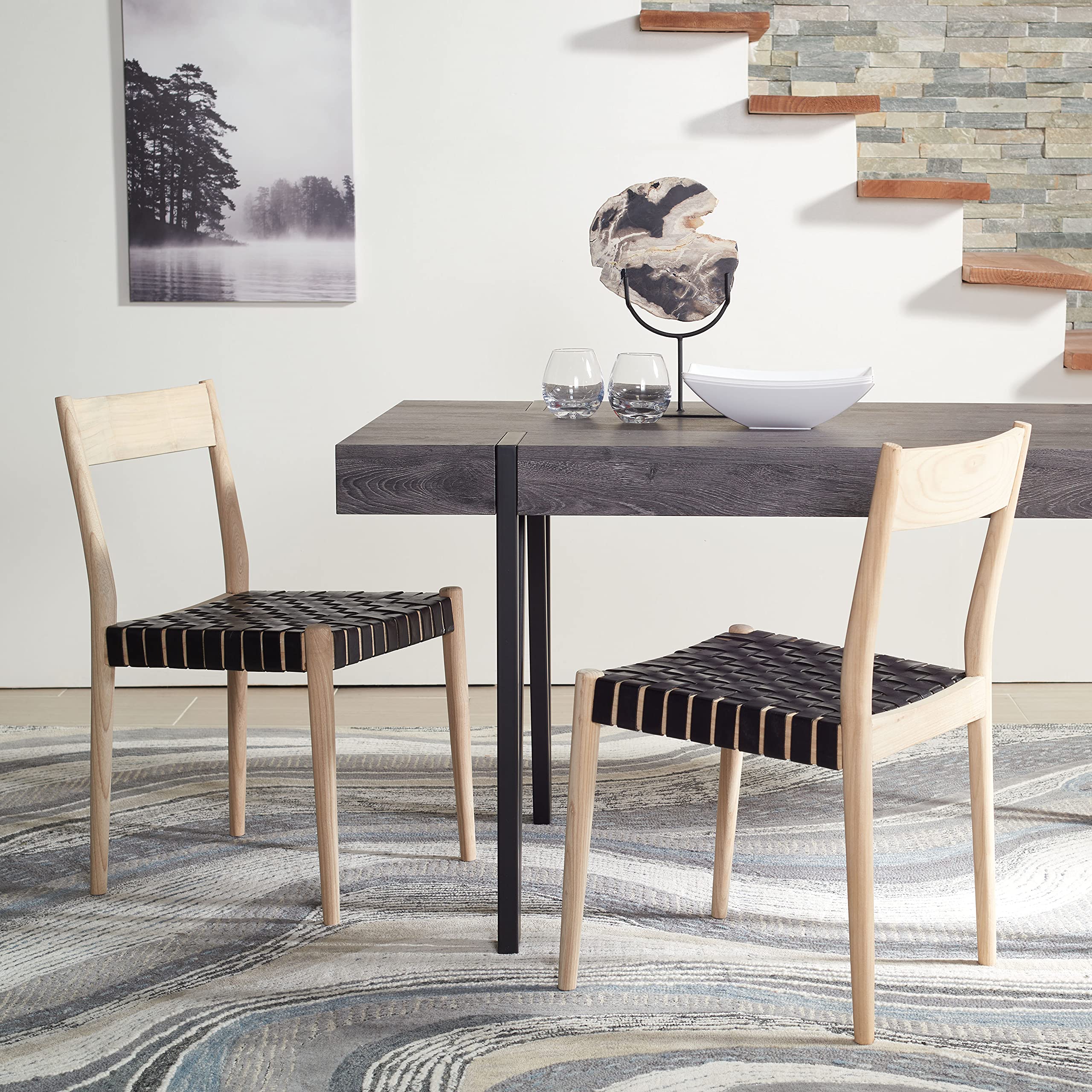 SAFAVIEH Eluned Woven Leather Accent Chair - Modern Dining & Living Room Chair with Black/Natural Leather Weave (Set of 2) - Perfect for Home Decor, Dining Sets & Lounge Seating