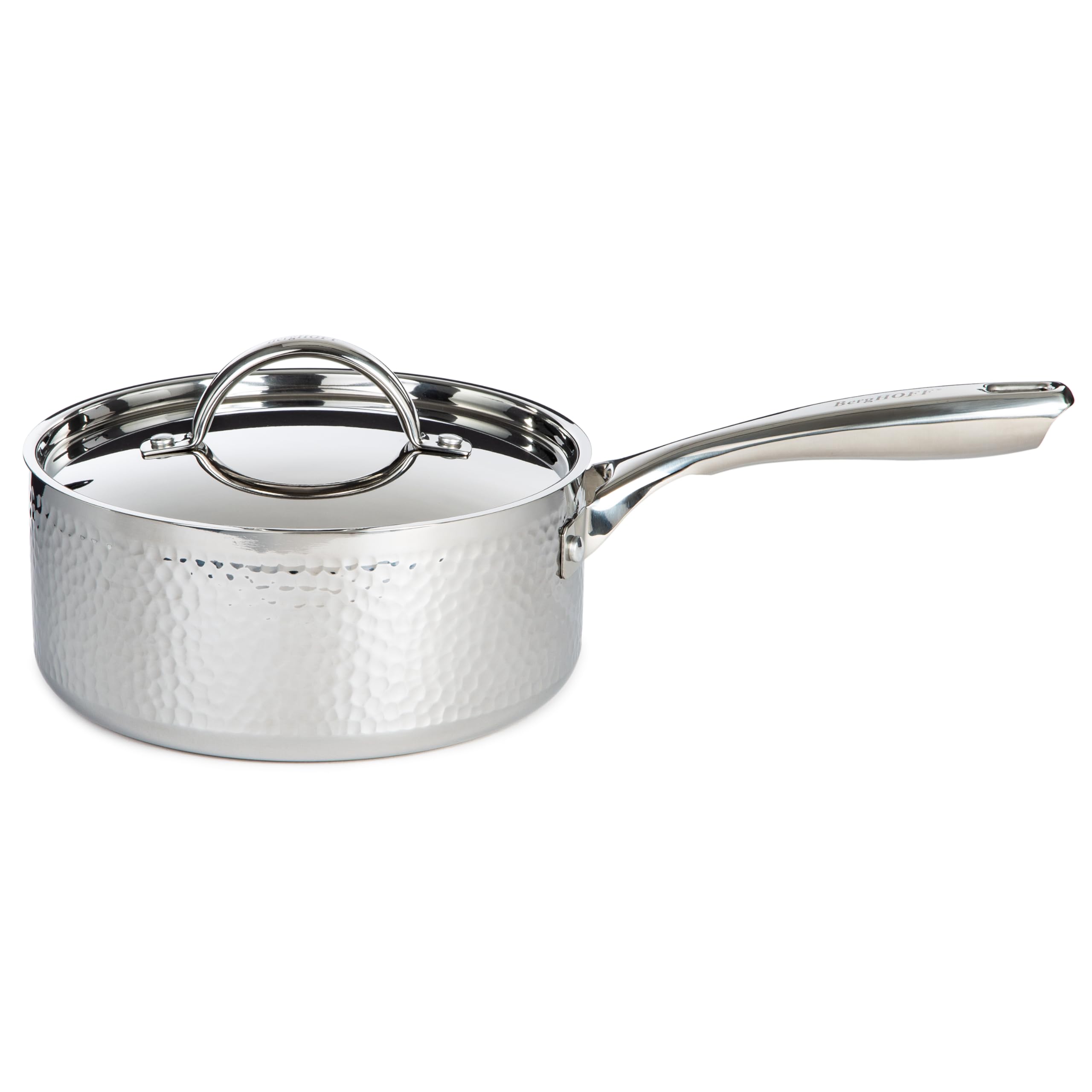 BergHOFF Vintage Tri-Ply 18/10 Stainless Steel Saucepan 3 Quart with Lid - 8 Inch Induction Compatible Cookware, Hammered Finish & Ergonomic Handle - Perfect for Soups, Sauces, and Slow Cooking