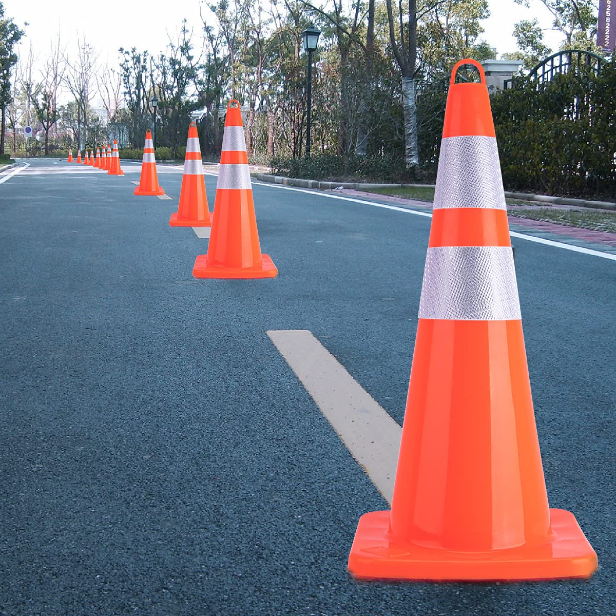 12 Pack 28 Inch Heavy Duty PVC Traffic Cones - Orange Safety Road Cones with Weighted Base & Handheld Ring for Construction, Parking, Hazard Zones & Event Management