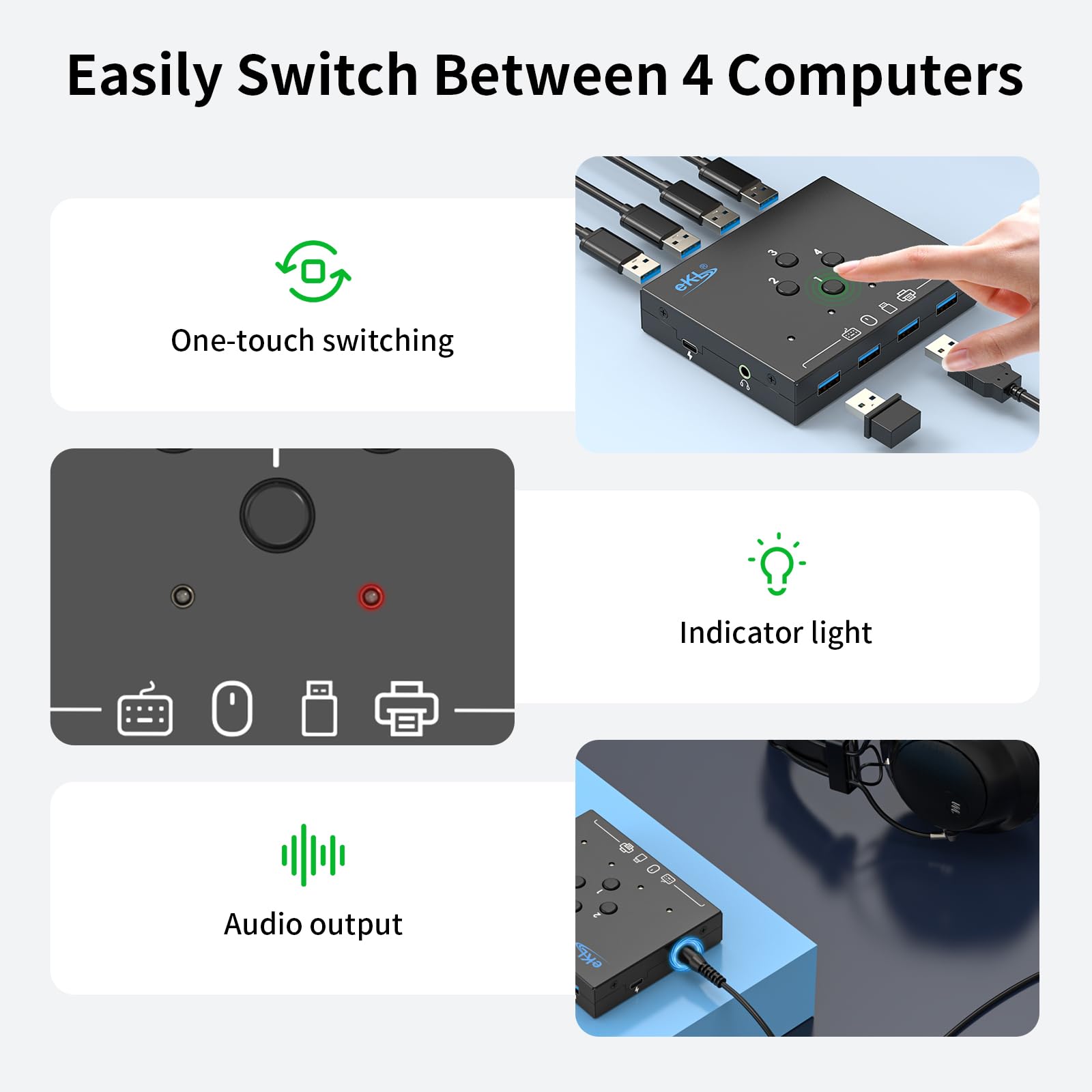 eKL USB 3.0 Switch Selector - 4 Port USB Hub for Sharing Mouse, Keyboard, Printer & Scanner Between 4 Computers - One Button Switching with 3.5mm Audio Jack & 4 USB 3.0 Cables Included - Perfect for Home Office, Gaming Setup & Multi-PC Workstations