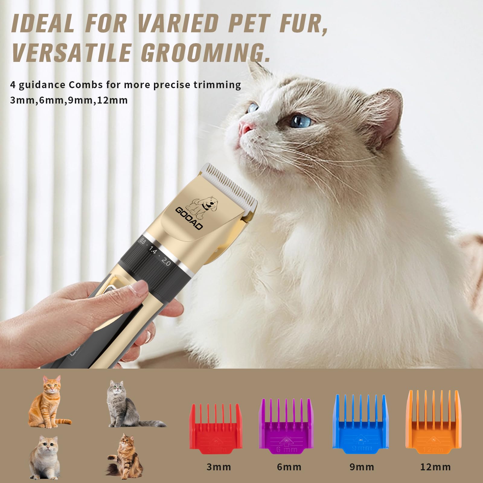 Cordless Cat Hair Trimmer & Grooming Kit - Quiet Pet Clippers for Matted & Long Hair, Includes Nail Grinder for Cats & Small Dogs - Perfect for Home Grooming & Professional Pet Care