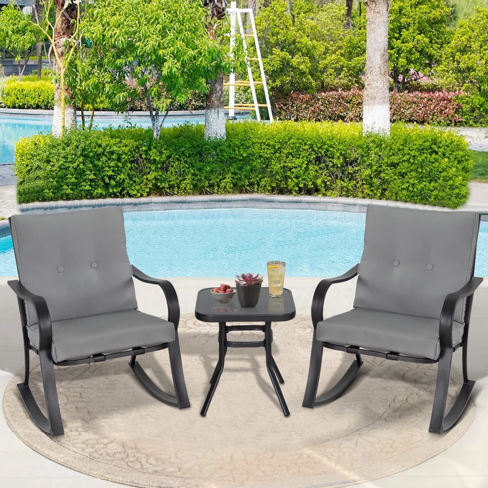 **Outdoor 3-Piece Rocking Chair Set - 2 Black Steel Rocking Chairs with Cushions & Glass Top Coffee Table - Grey Patio Bistro Furniture for Garden, Porch, or Backyard Relaxation**