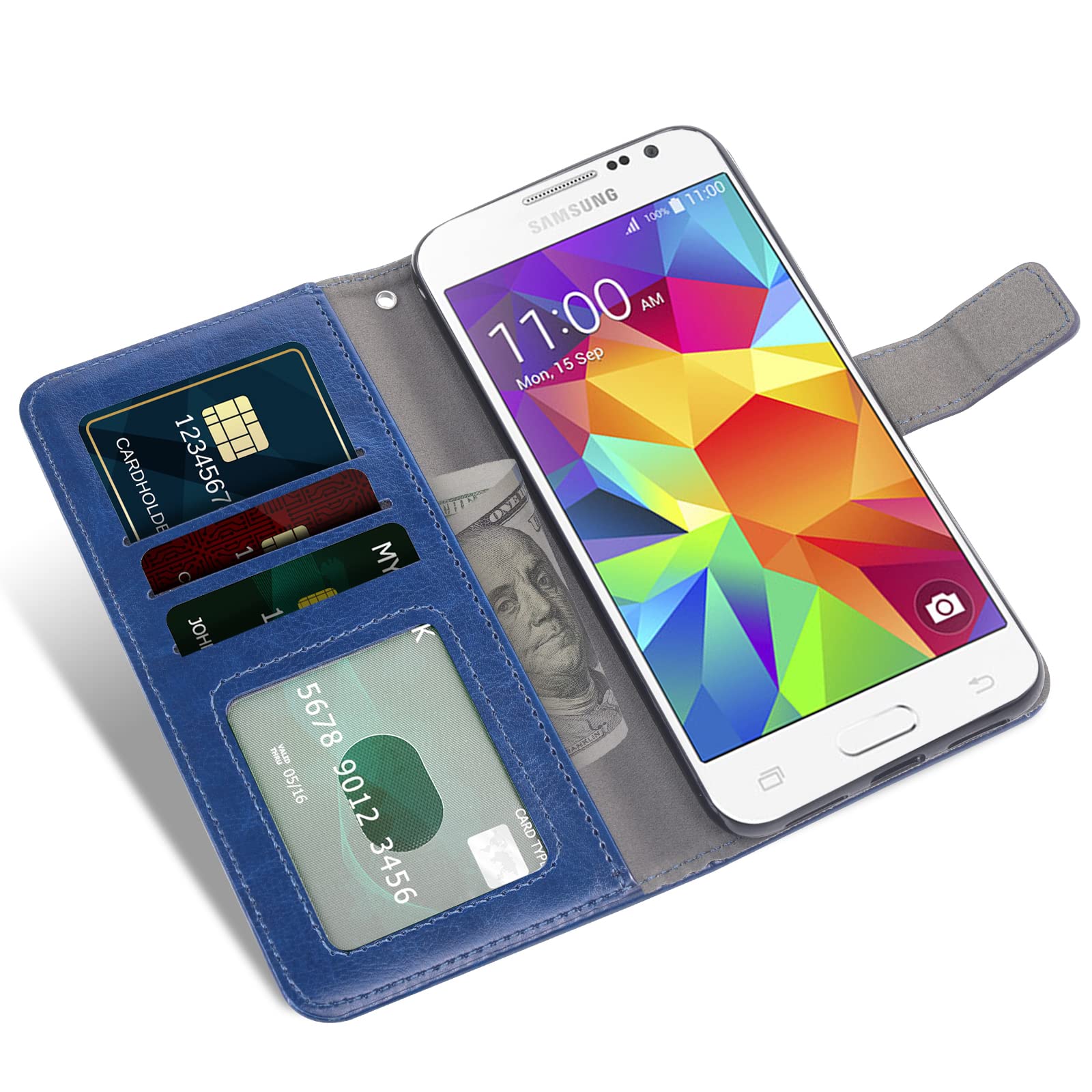 Samsung Galaxy Core Prime Wallet Case with Tempered Glass & Card Holder - Blue for Men & Women | Perfect for Work & Travel