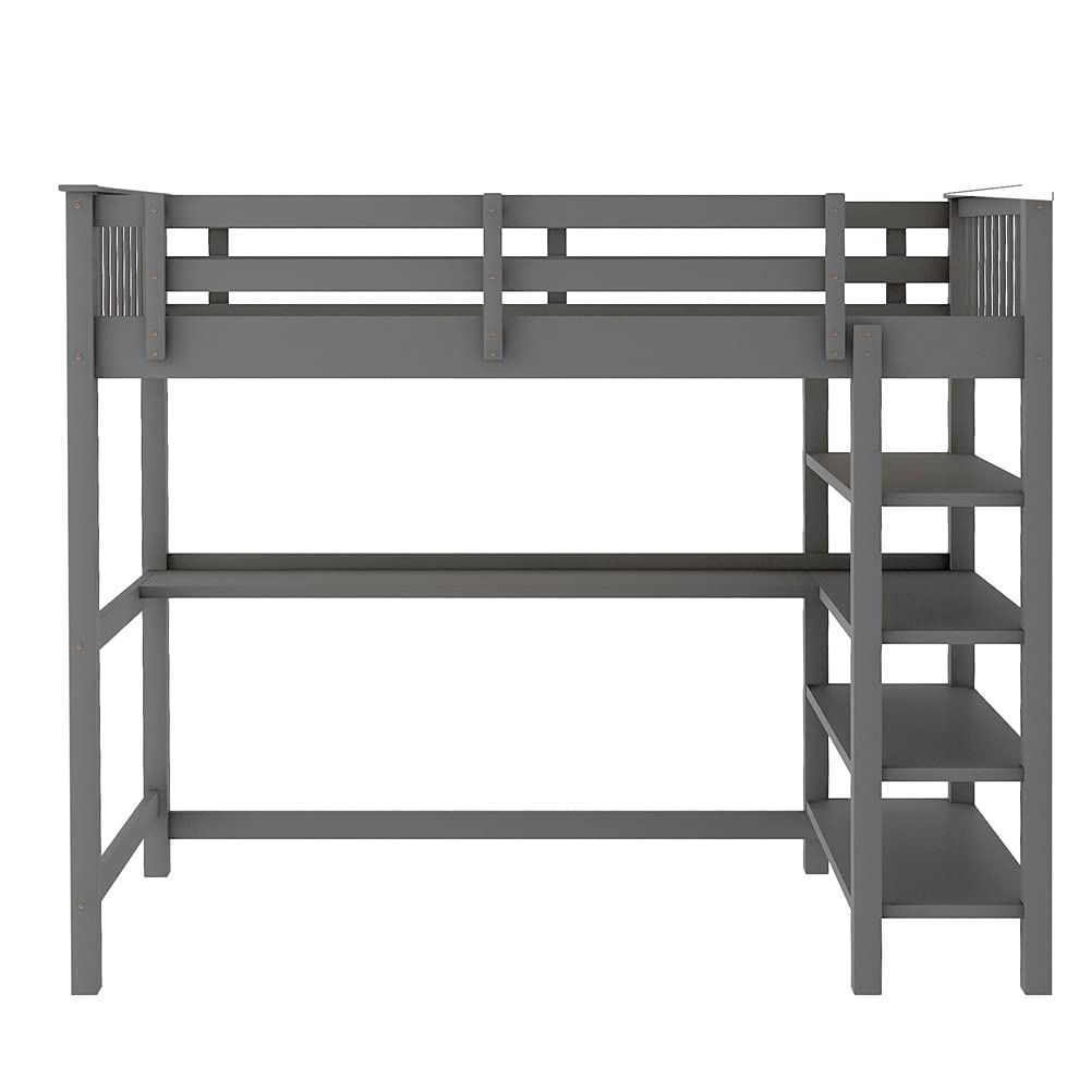 **Pinewood Loft Bed with Built-In Desk & Storage Shelves for Kids & Teens - Twin Size Bed Frame with Guardrails, Under-Bed Workstation - Perfect for Small Bedrooms, Study Spaces & Dorm Rooms (Gray)**