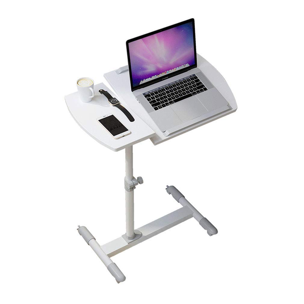 Rotatable Mobile Side Table with Adjustable Tilt - White Steel Pipe & Wood Laptop Stand for Bedroom, Living Room, Office - Perfect as Bedside Table, Sofa Snack Table, or Coffee Desk
