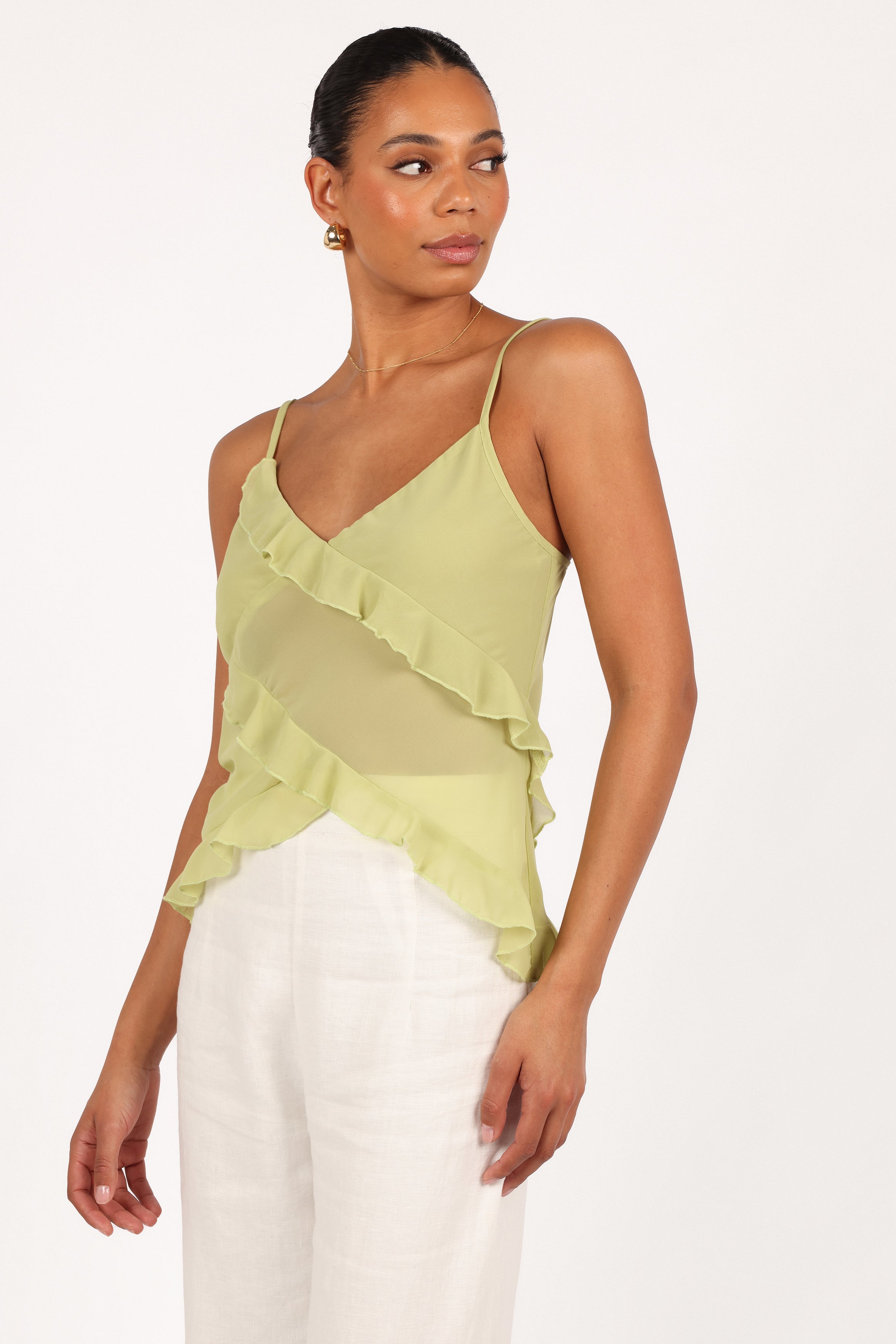 Gabrielle Ruffle Blouse Women's Meadow Green Floral Print Summer Tops for Casual Wear, Date Night & Office Outfits