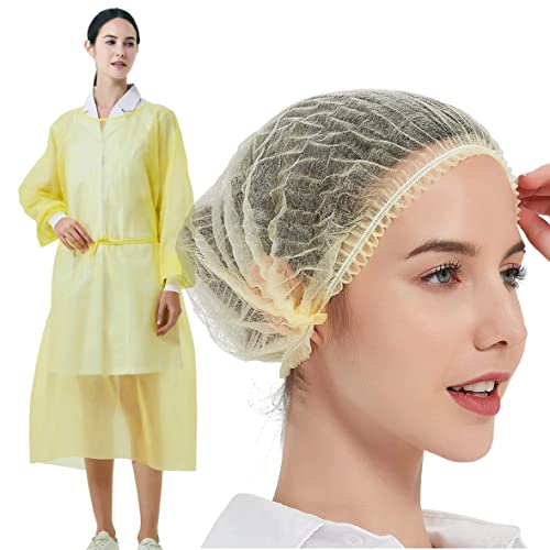 ProtectX Disposable Bouffant Hair Nets & Isolation Gowns - 100 Pack (Yellow) | 21