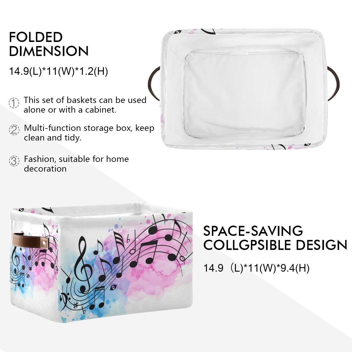 Abstract Music Notes Canvas Storage Basket - Collapsible Fabric Bin with PU Leather Handles for Toys, Wardrobe & Closet Organization | Perfect for Nursery, Playroom & Bedroom Storage