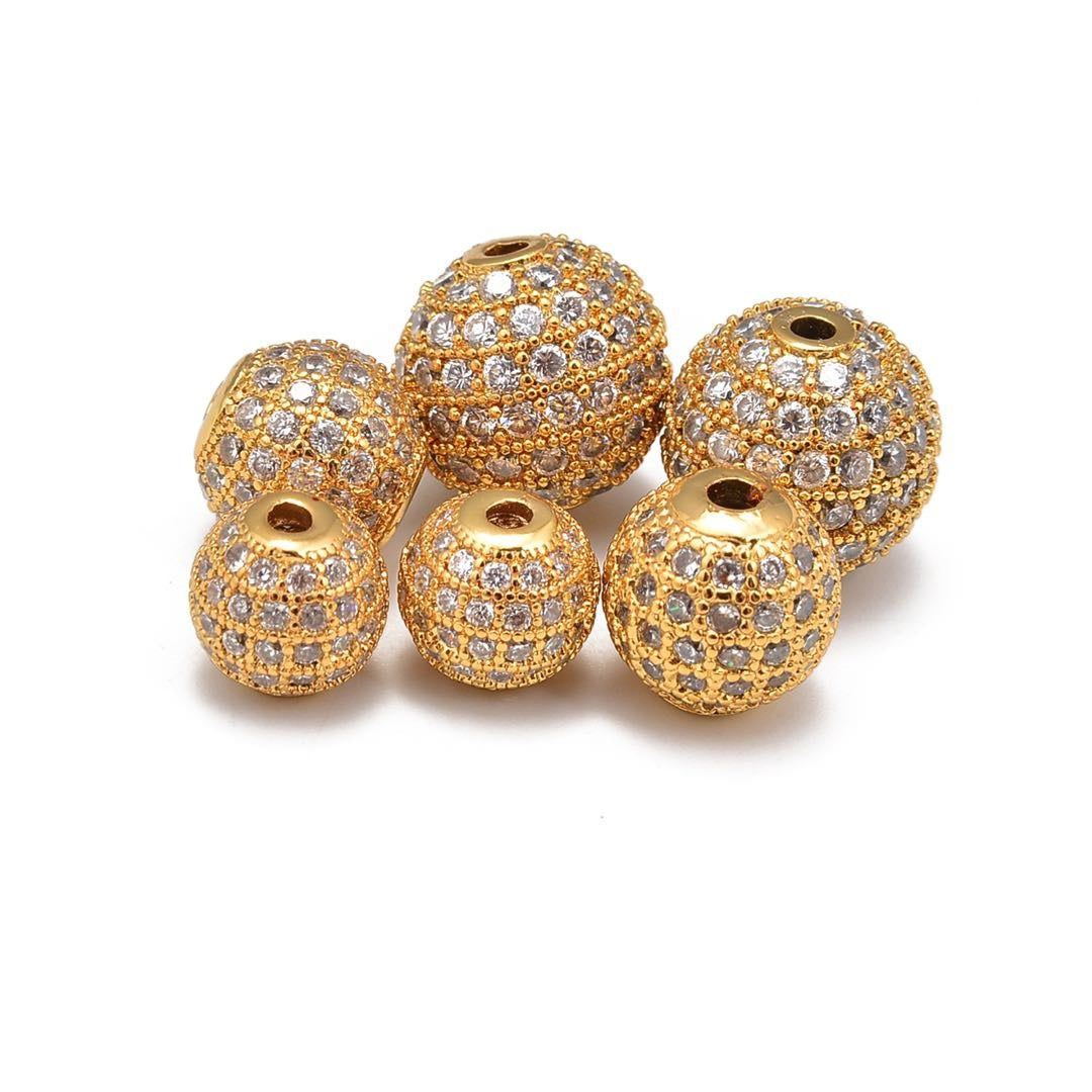 14K Gold Plated Micro Pave Zircon Ball Charm - 6mm, 8mm, 10mm, 12mm Sizes - Sold Individually - Perfect for Jewelry Making, Bracelets & Necklace Charms