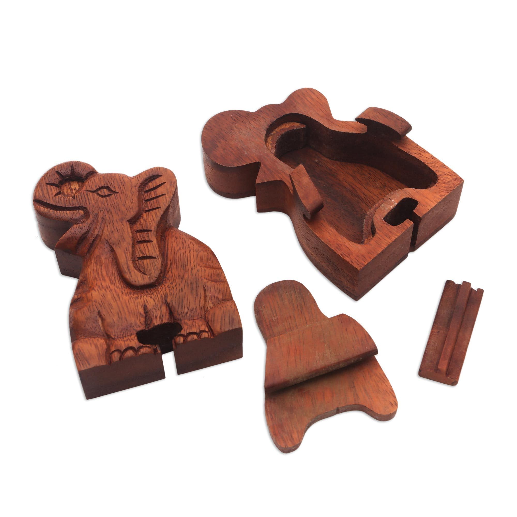 Handmade NOVICA Elephant Secret Wood Puzzle Box - Unique Brain Teaser & Decorative Gift for Adults, Perfect for Home Decor, Office Desk & Puzzle Enthusiasts