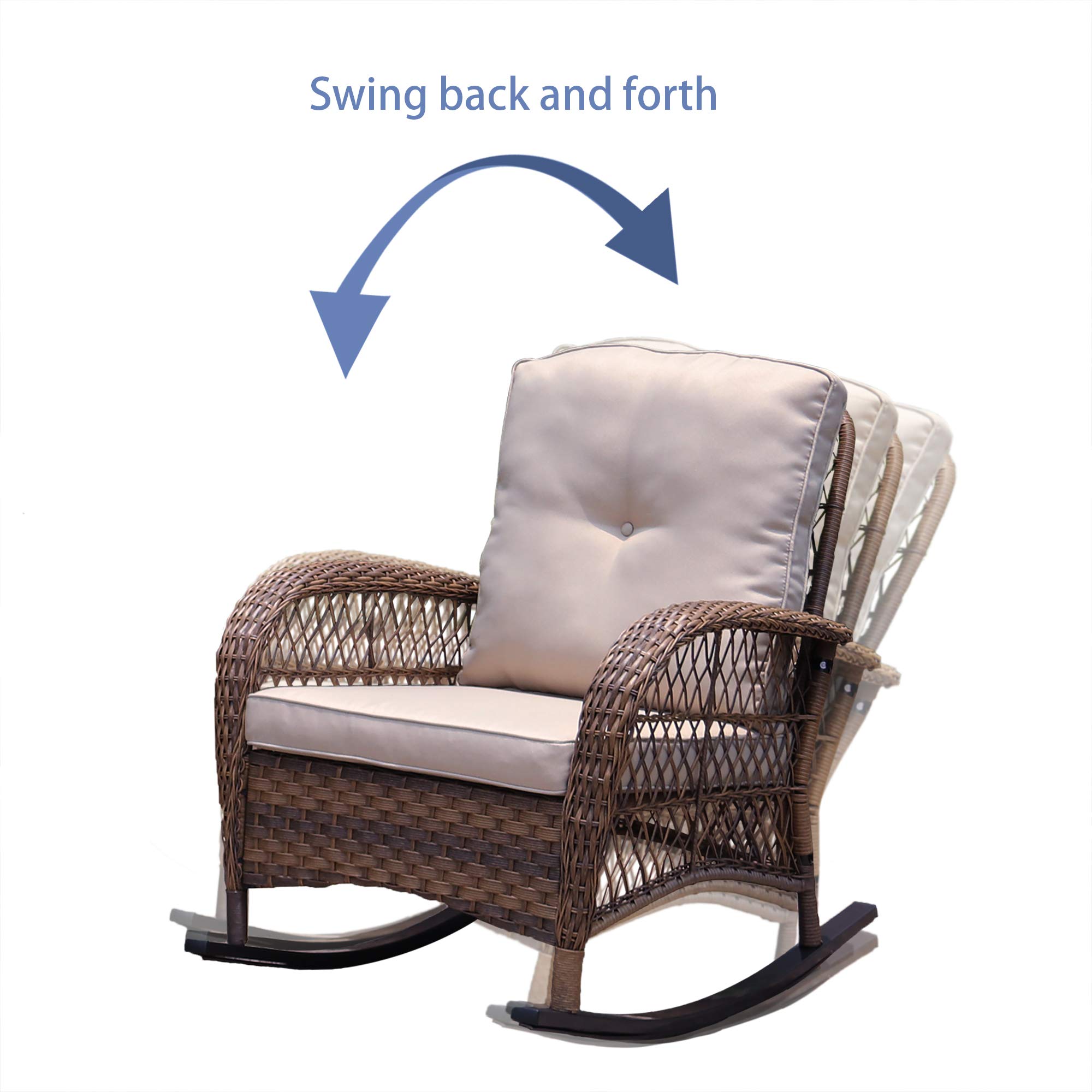 ABBLE 3-Piece Wicker Rocking Conversation Set with Cushions - Outdoor Patio Furniture, Bistro Seating Group, Light Brown Rocking Chairs for Garden, Porch & Backyard Relaxation