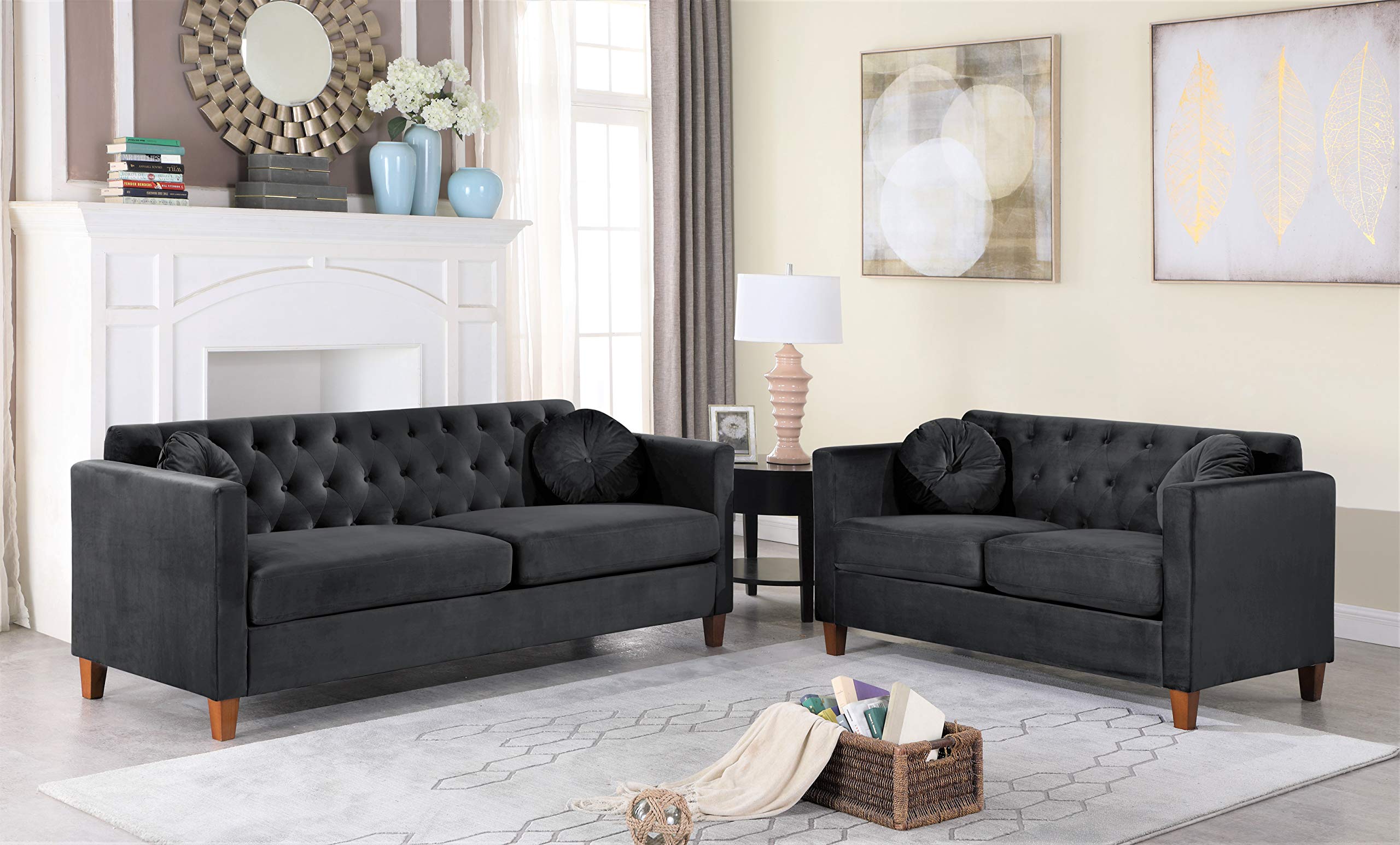 Persaud Classic Chesterfield Velvet Upholstered Living Room Couch Set - Elegant Loveseat Sofa for Home, Apartment & Office | Perfect for Small Spaces, Lounge Areas & Reception Rooms (Black)