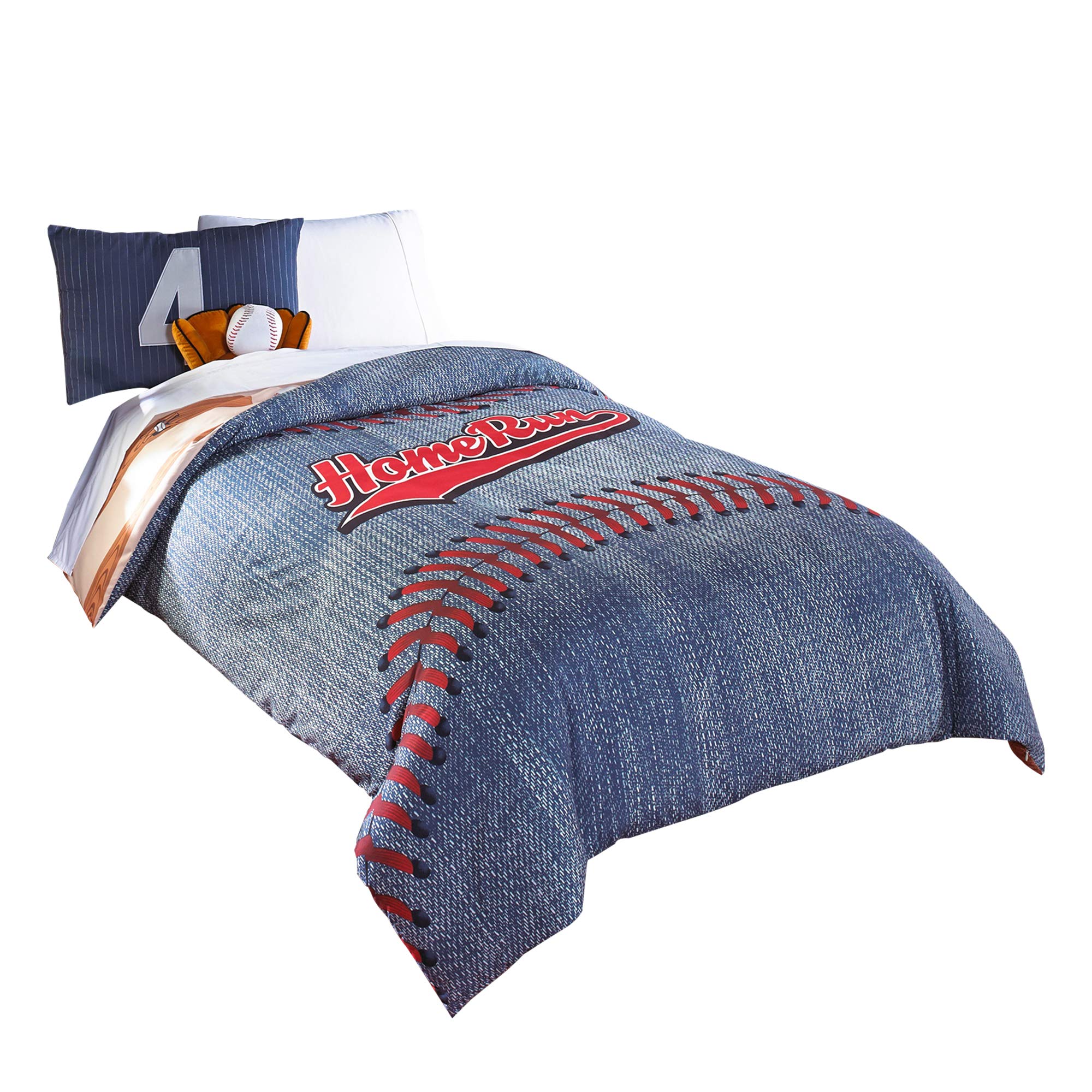 Benjara 5-Piece Twin Comforter Set - Baseball Themed Blue Polyester Bedding for Boys & Teens - Perfect for Dorm Rooms, Kids Bedrooms & Sports-Themed Decor