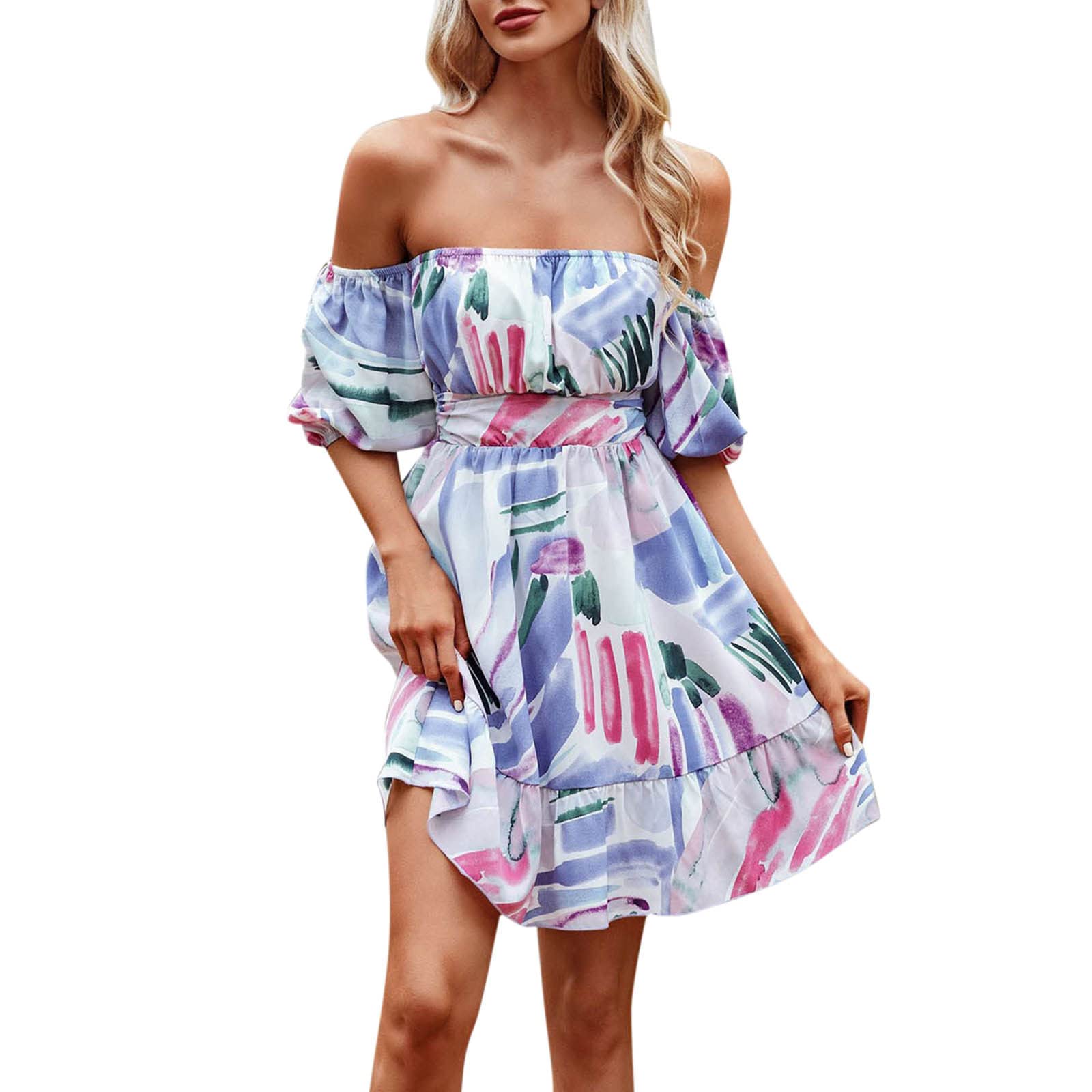 Yezihj Women's Summer Casual Off Shoulder Short Sleeve High Waist A-Line Mini Dress - Perfect for Beach, Party & Daily Wear