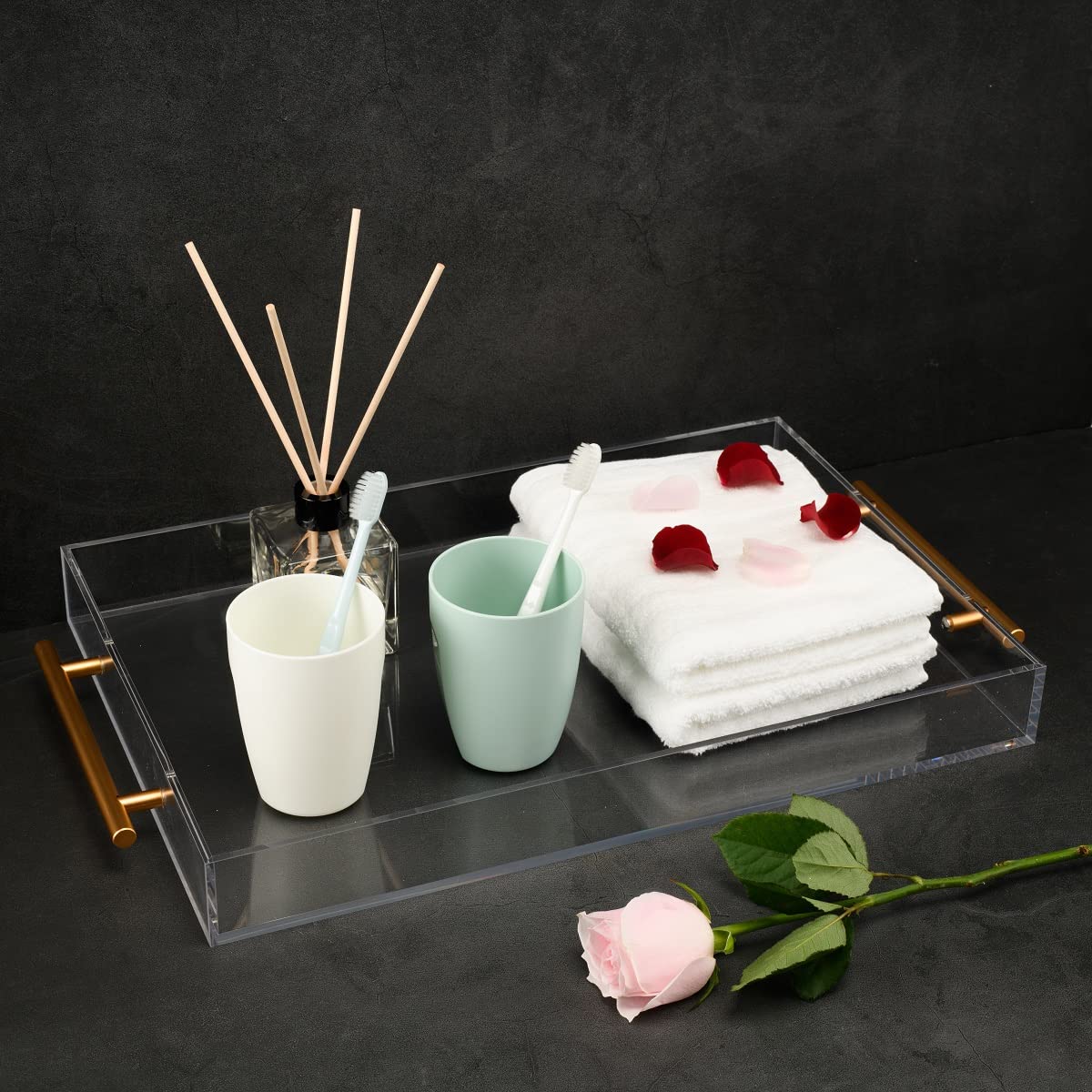 Clear Acrylic Serving Tray with Sturdy Metal Handle - No Assembly Required - 12x18 Inch Decorative Tray for Coffee Table, Ottoman, Breakfast, Tea, Food Service & Butler Style - Perfect for Entertaining, Dining & Home Decor