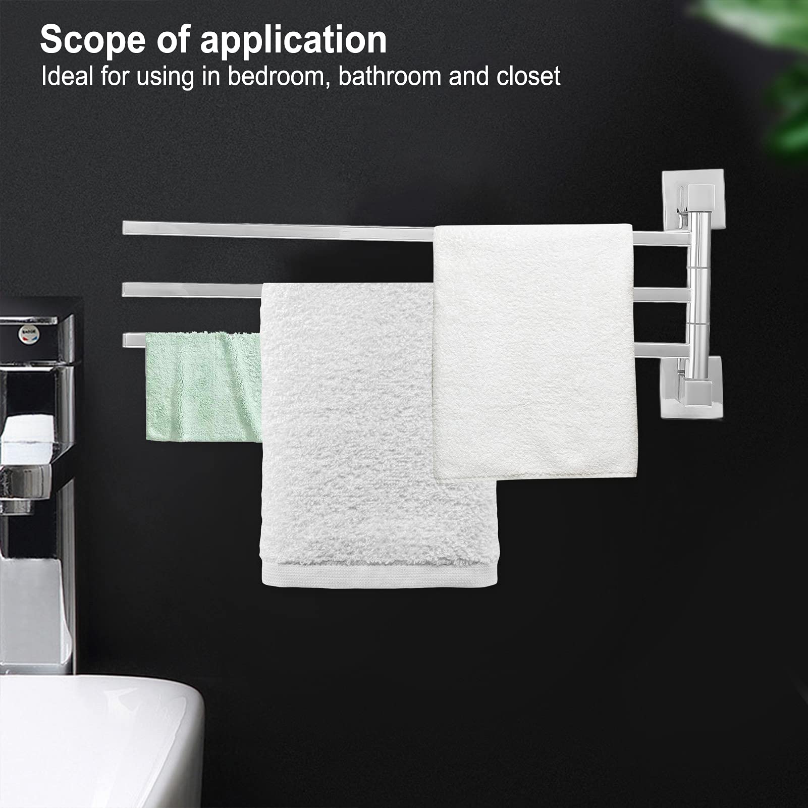 Stainless Steel 180° Rotatable Towel Rack - Chrome Plated Bath Towel Bar with 3 Rods for Bathroom, Shower & Spa - Heavy Duty Bathrobe Hanger Holder for Home & Hotel Use