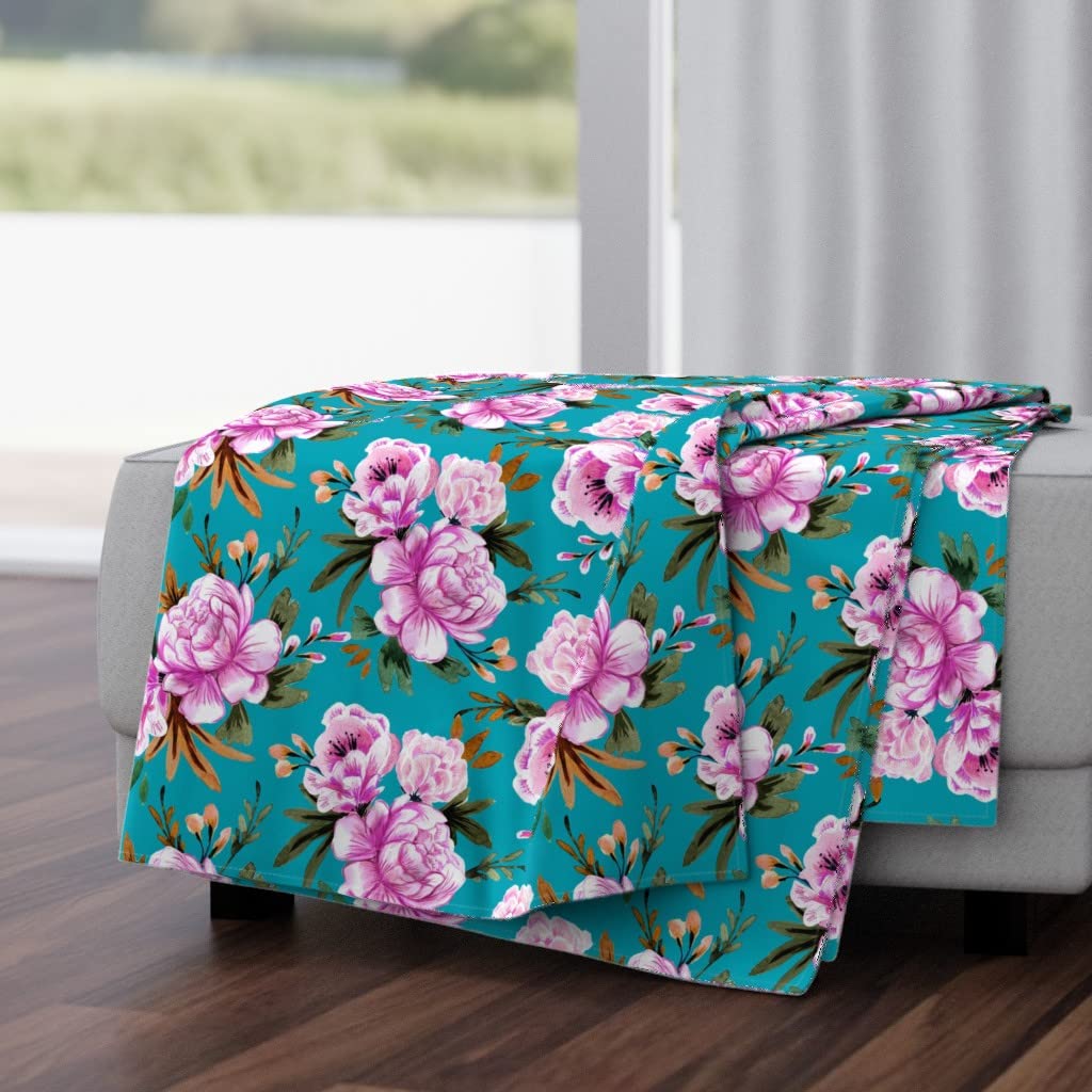 Soft Plush Minky Throw Blanket 50x70 Inches - Vintage Peony Floral Print in Pink & Turquoise Blue | Cozy Living Room Decor, Bedroom Accent, Gift Idea