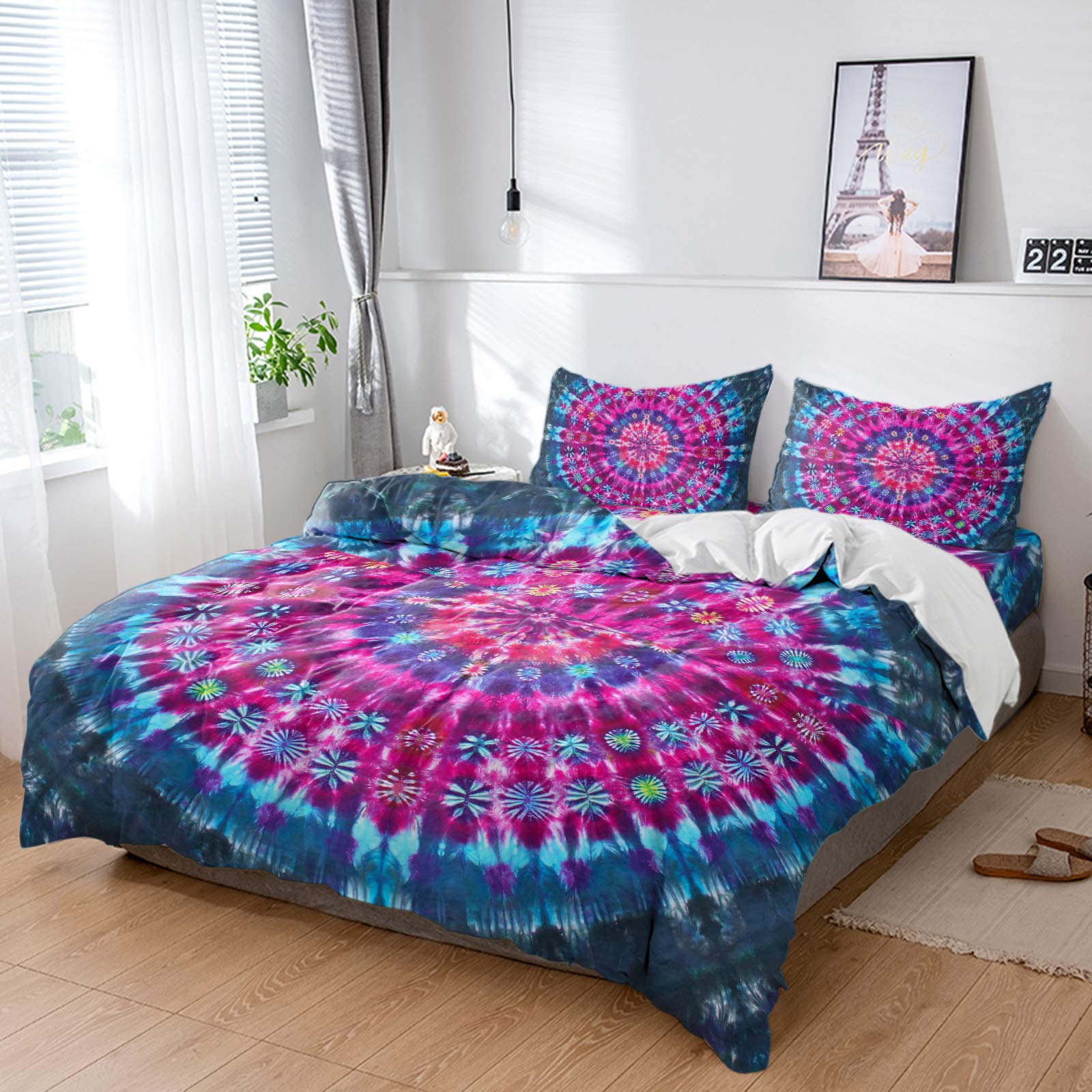 4-Piece Bohemian Mandala Tie-Dye Duvet Cover Set - California King Size Ultra Soft Quilted Bedding with 2 Pillowcases | Ethnic Hippie Style for Bedroom Decor, Guest Room & Dorm