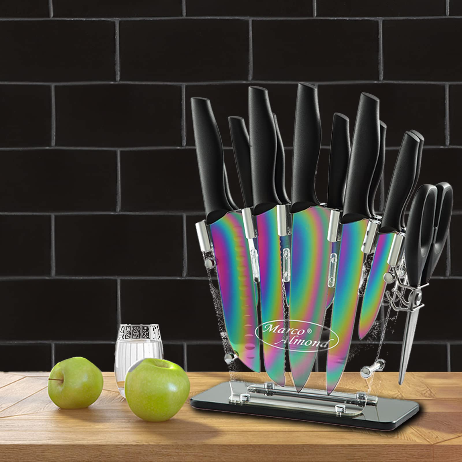Marco Almond® 14-Piece Rainbow Color Stainless Steel Knife Block Set - Professional Chef Knives for Kitchen with Acrylic Stand | Perfect for Home Cooking, Restaurant Use & Gift Giving