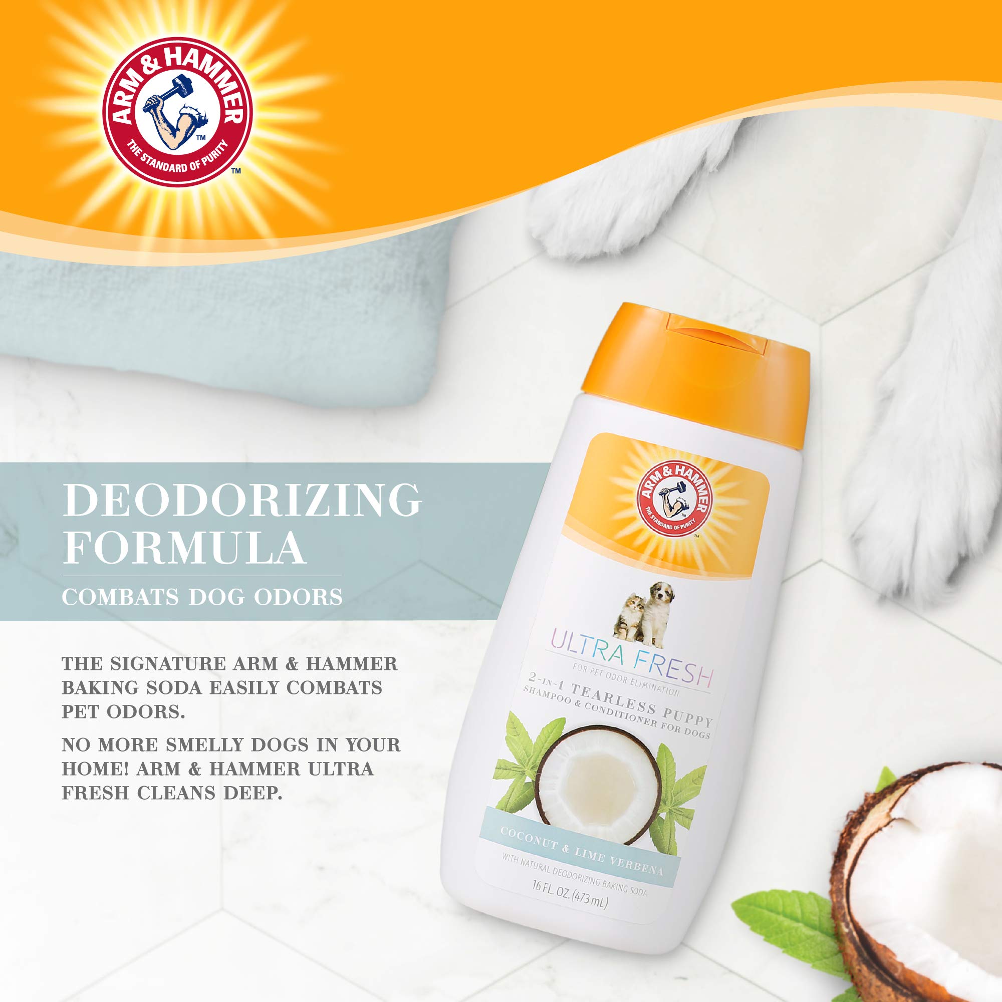 Arm & Hammer Ultra Fresh 2-in-1 Tearless Puppy Shampoo & Conditioner with Baking Soda - Coconut Lime Verbena Scent for Odor Neutralization & Gentle Cleaning | Perfect for Bathing Puppies & Dogs with Sensitive Skin