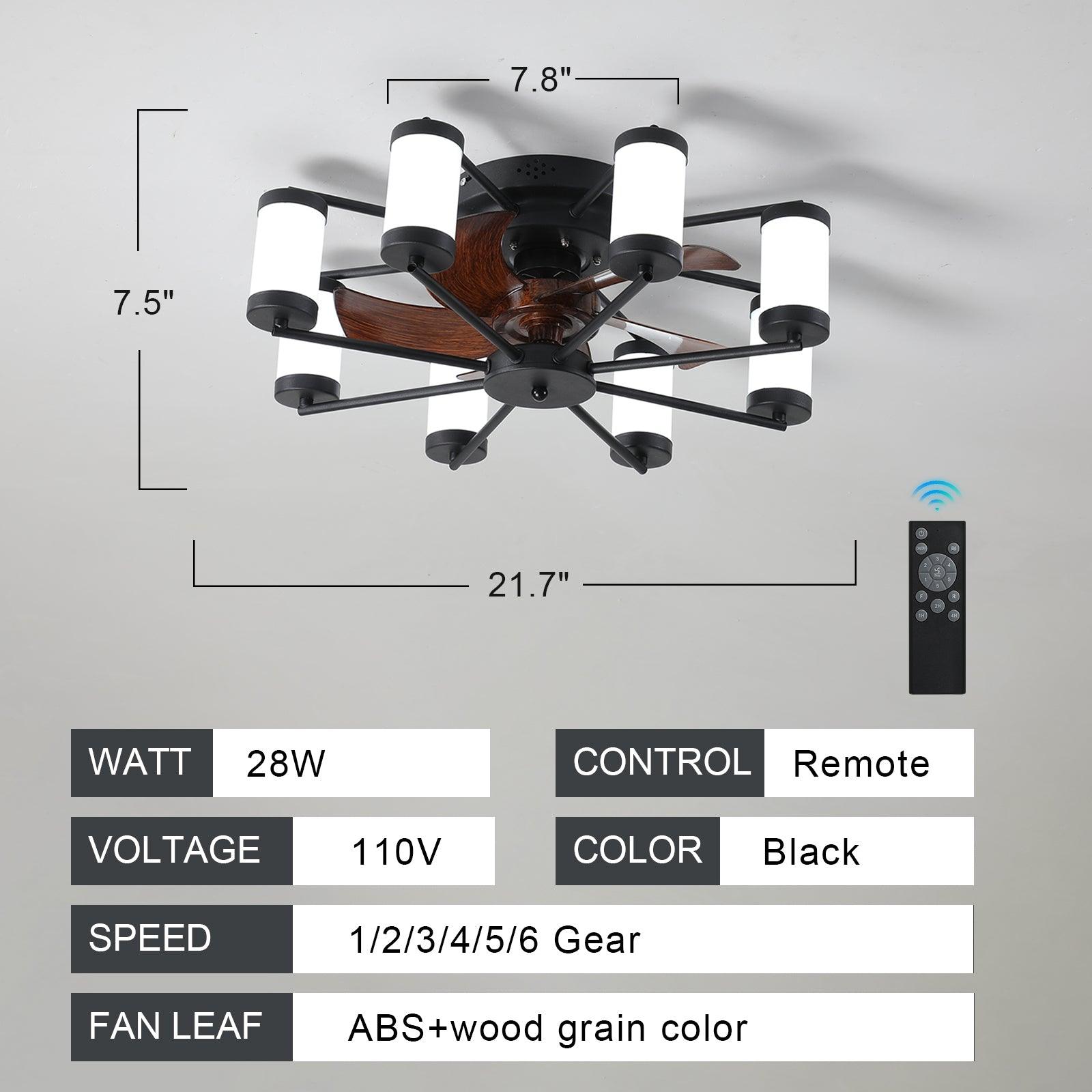 21.7 Inch Windmill Flush Mount Ceiling Fan with Light - Remote Control & Timer, Black - Perfect for Bedroom, Living Room, and Office Spaces