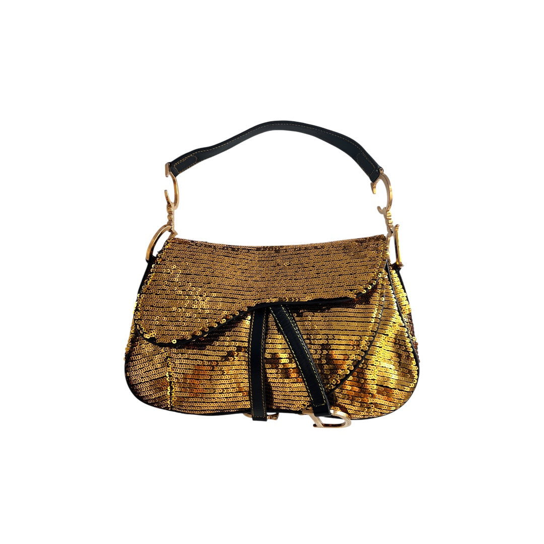 Vintage Dior Gold Sequin Double Saddle Bag - Luxury Designer Shoulder Purse for Women, Perfect for Parties, Weddings & Special Occasions