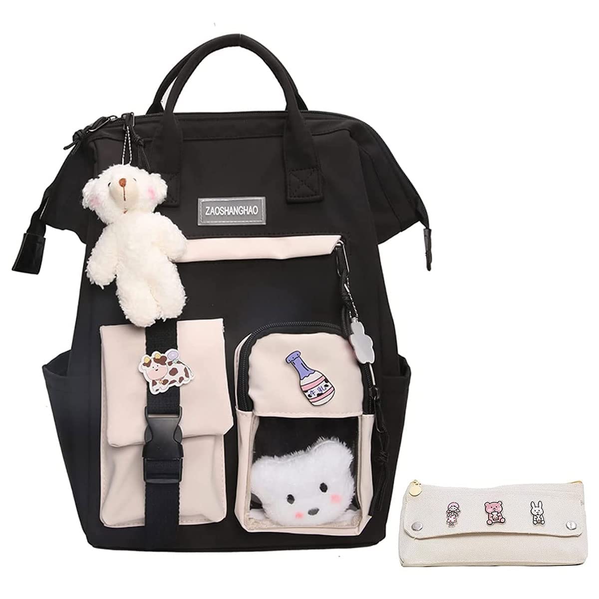 Cute Kawaii Backpack for Girls with Bear Pin Accessories - 26x18x38cm Laptop Bookbag for School, College & Travel - Stylish Black Backpack for Teens & Kids - Perfect for Daily Use, Study & Outdoor Adventures